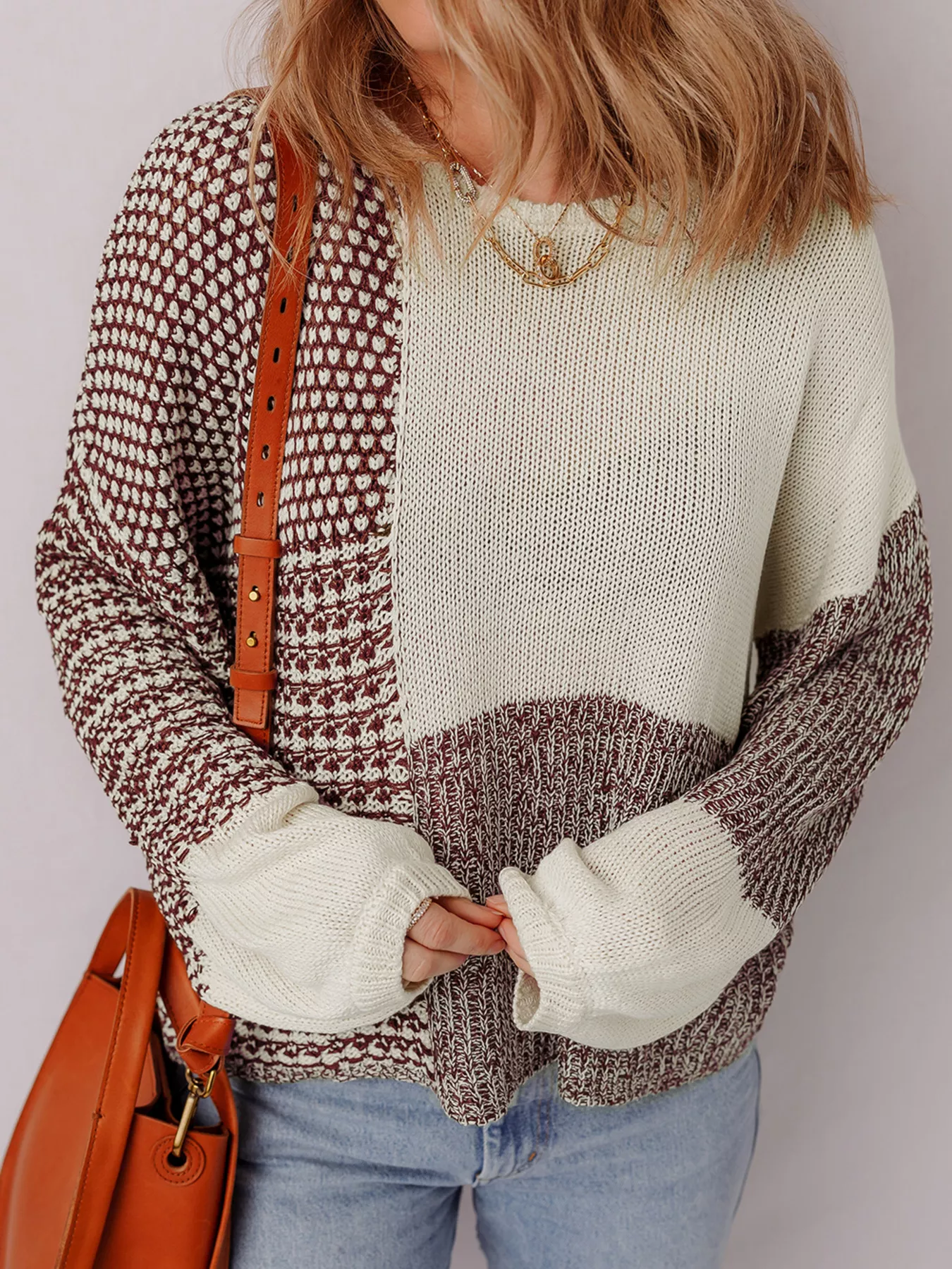 Color Block Back Tie Drop Shoulder Loose Sweater - Image 5