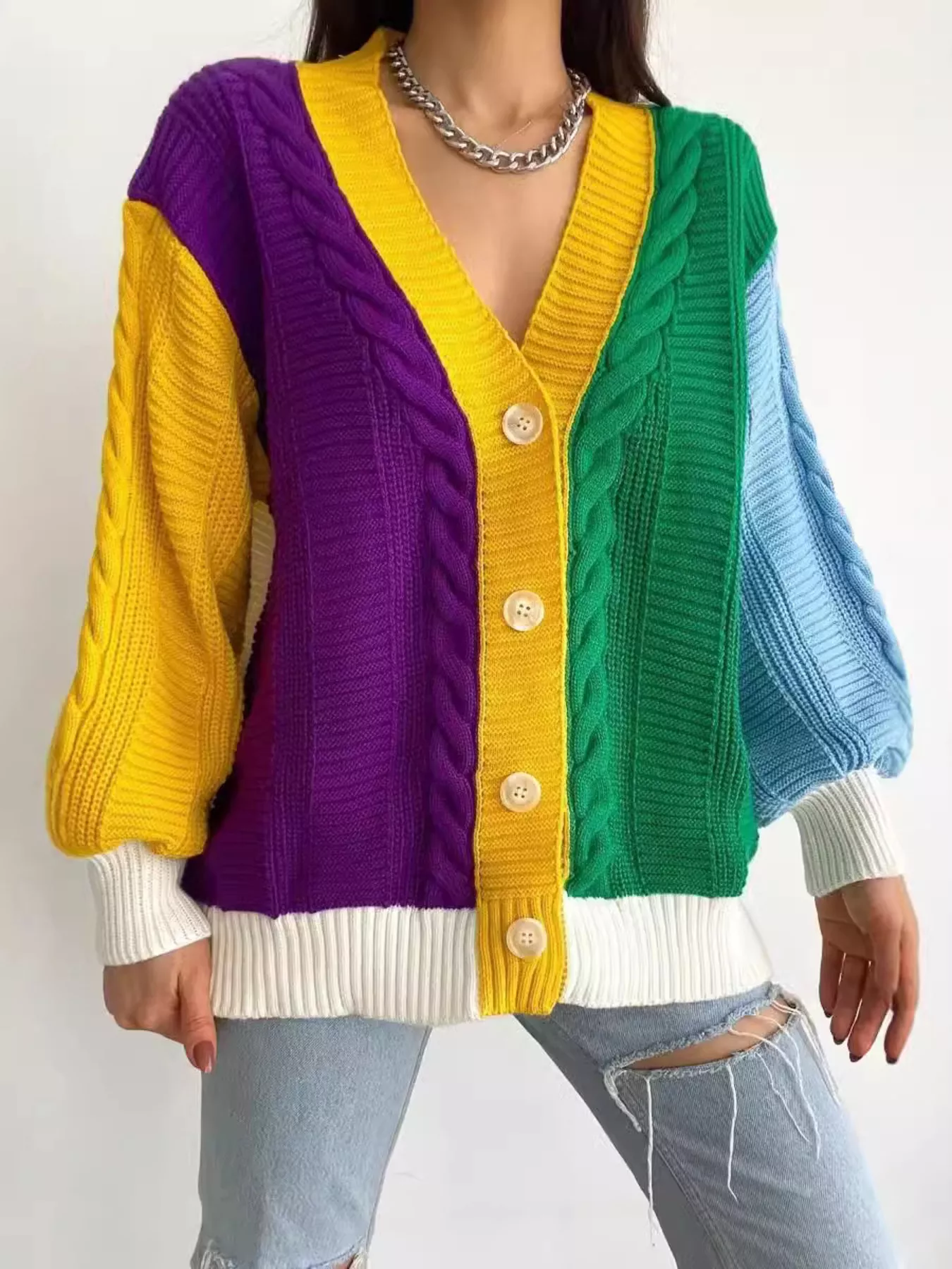 Color Block Button Down Cable-Knit Cardigan - Image 2