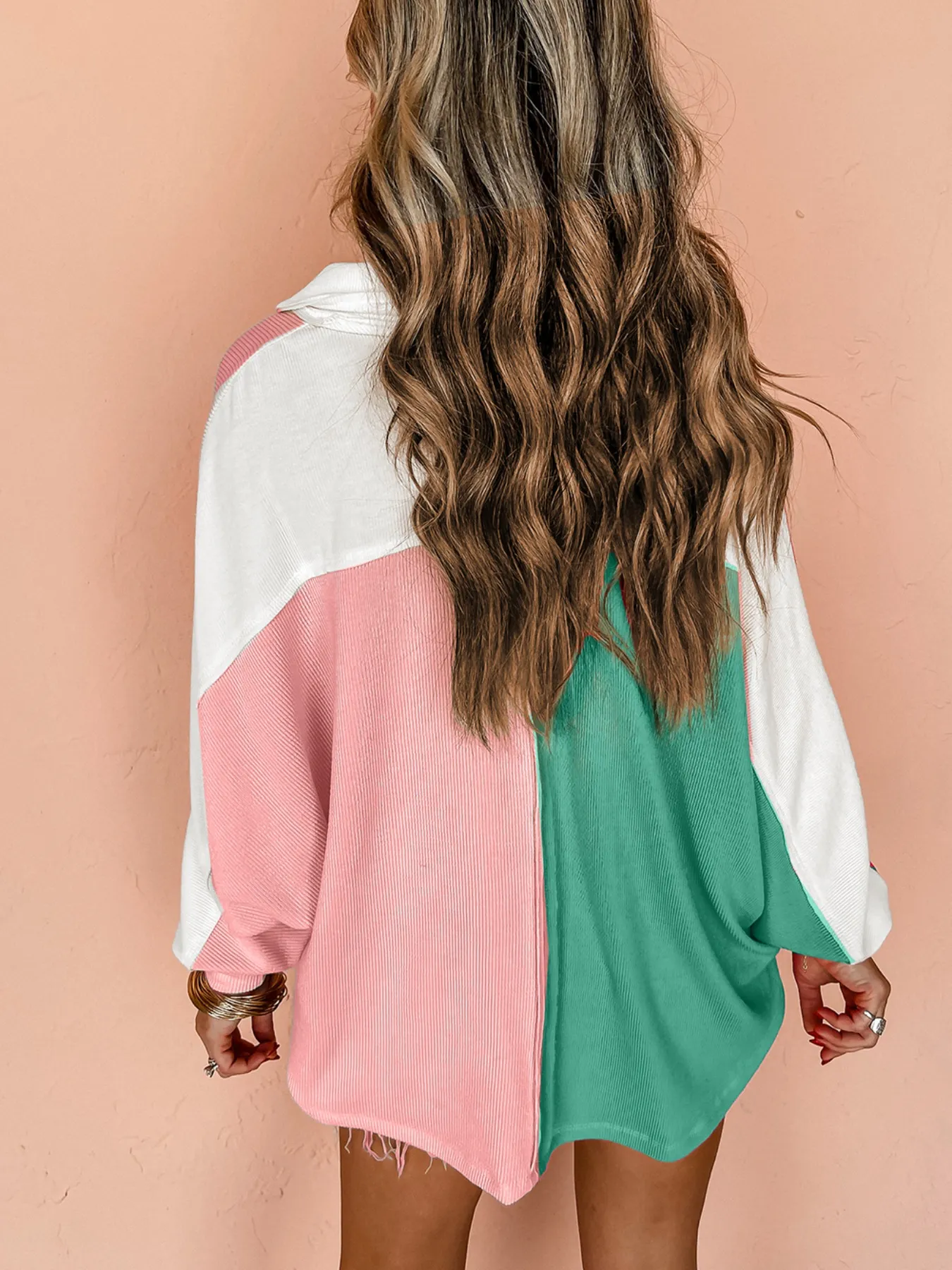 Color Block Button Front Collared Neck Sweatshirt - Image 3