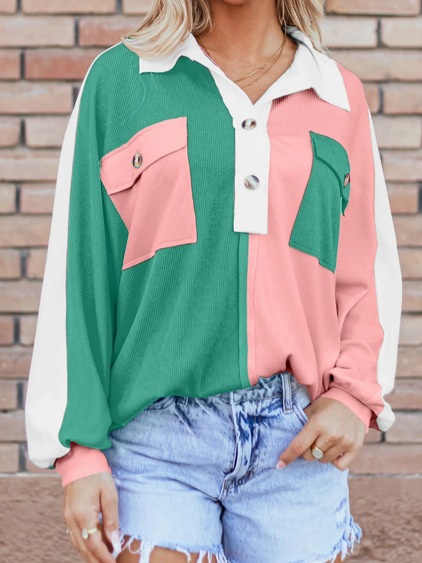 Color Block Button Front Collared Neck Sweatshirt - Image 4