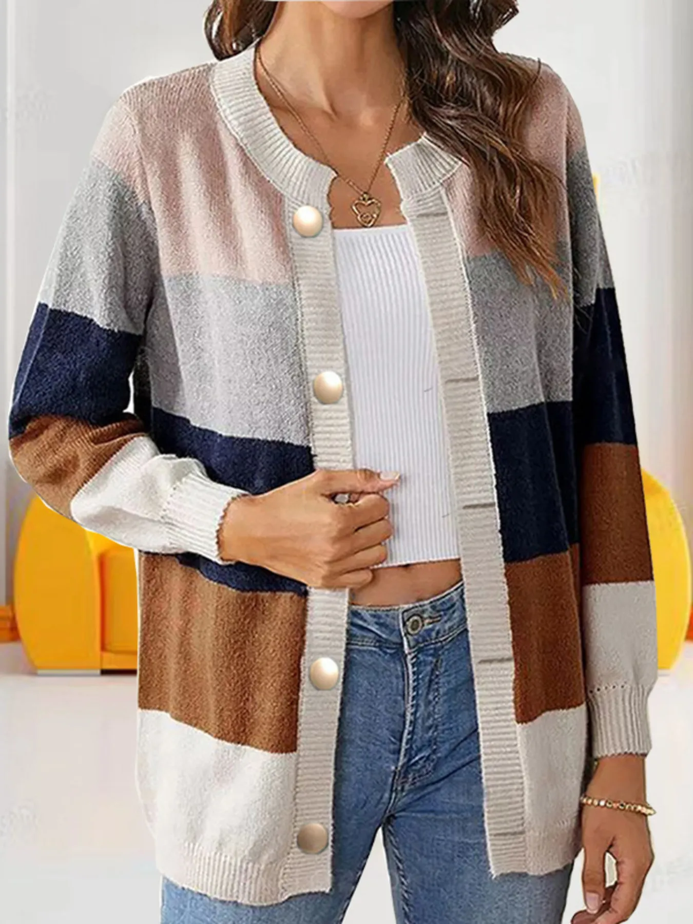 Color Block Button-Up Knit Cardigan - Image 4