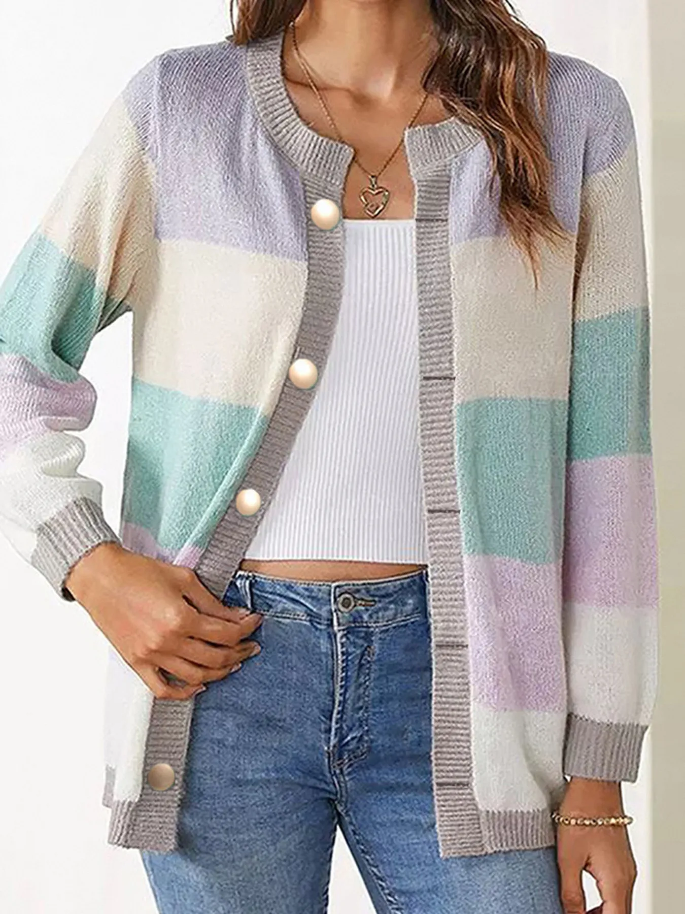 Color Block Button-Up Knit Cardigan - Image 9