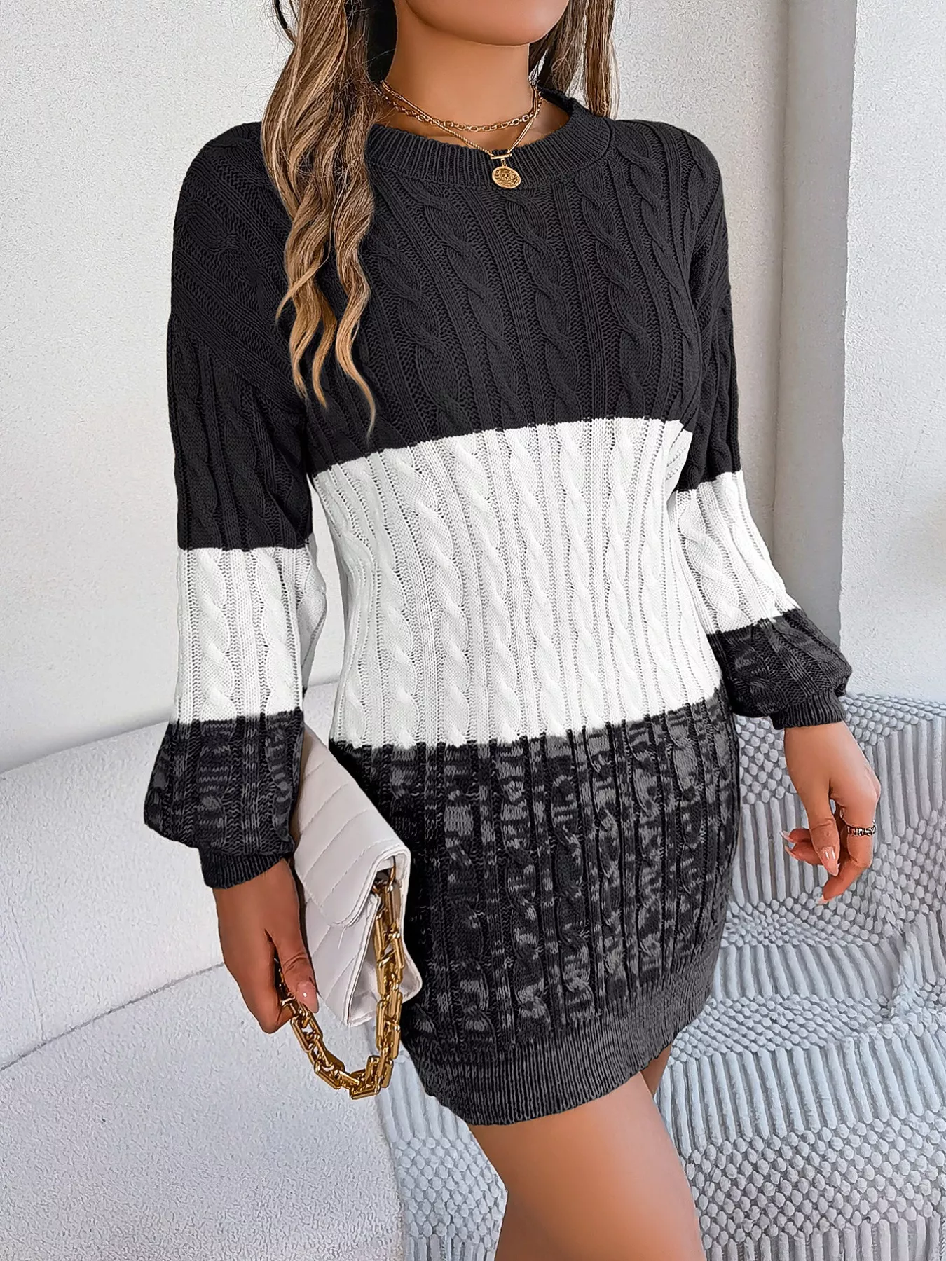 Color Block Cable Knit Sweater Dress with Textured Pattern - Image 13