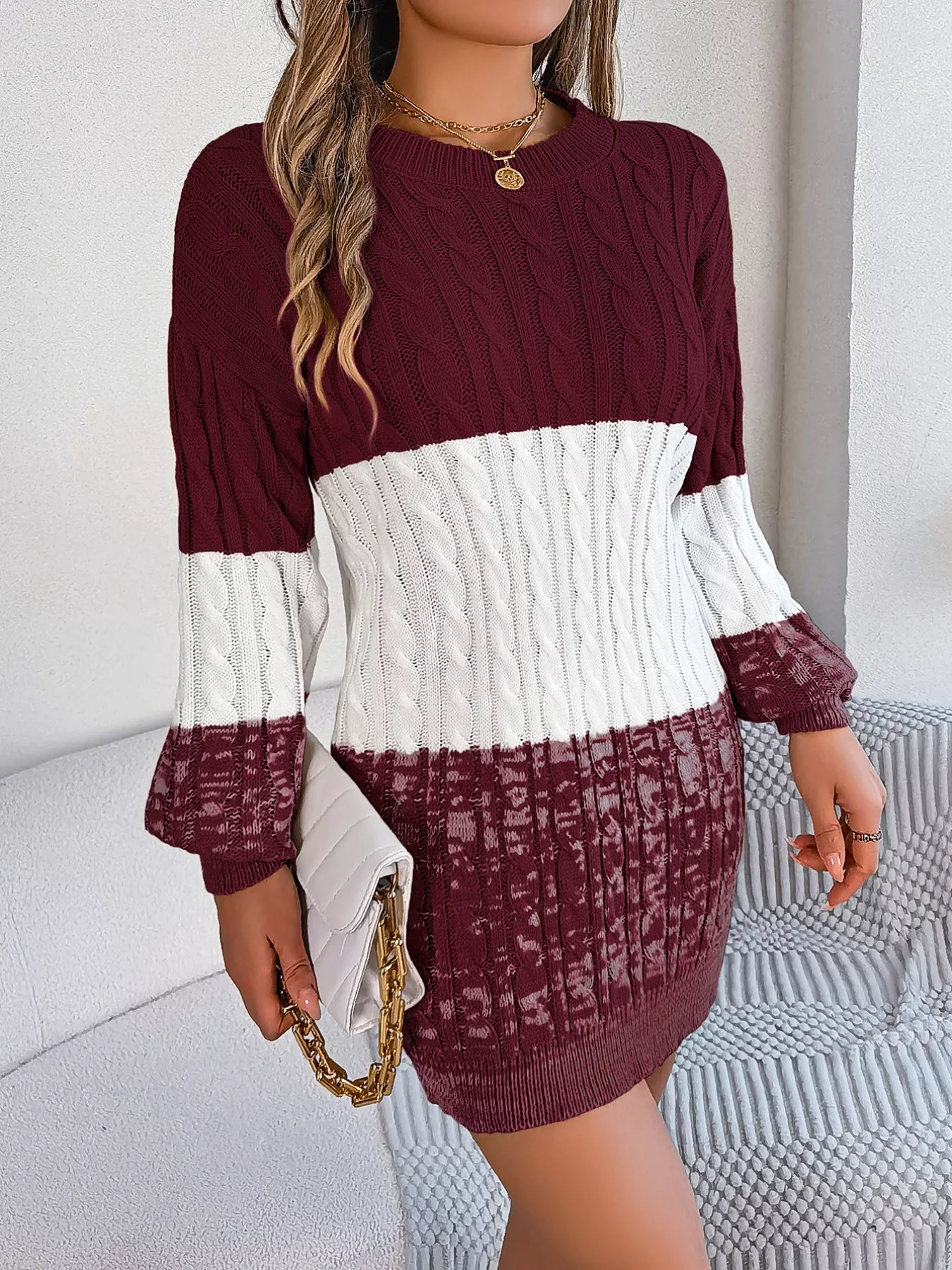 Color Block Cable Knit Sweater Dress with Textured Pattern - Image 6