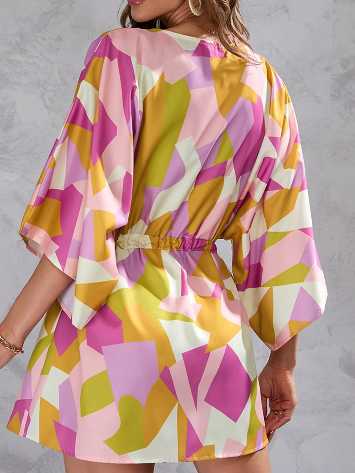 Color Block Drawstring Waist Button Up Dress - Image 2