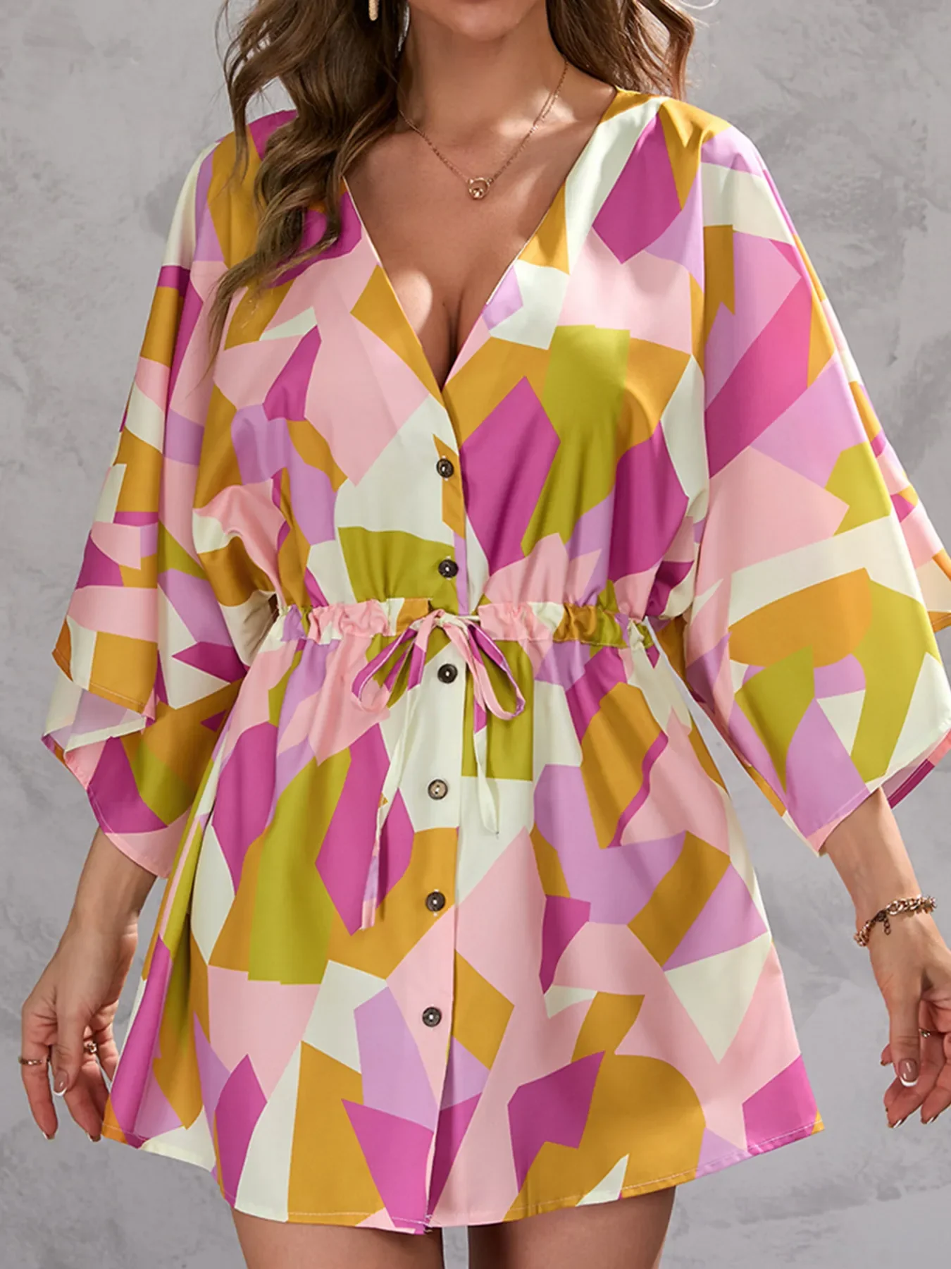 Color Block Drawstring Waist Button Up Dress - Image 3