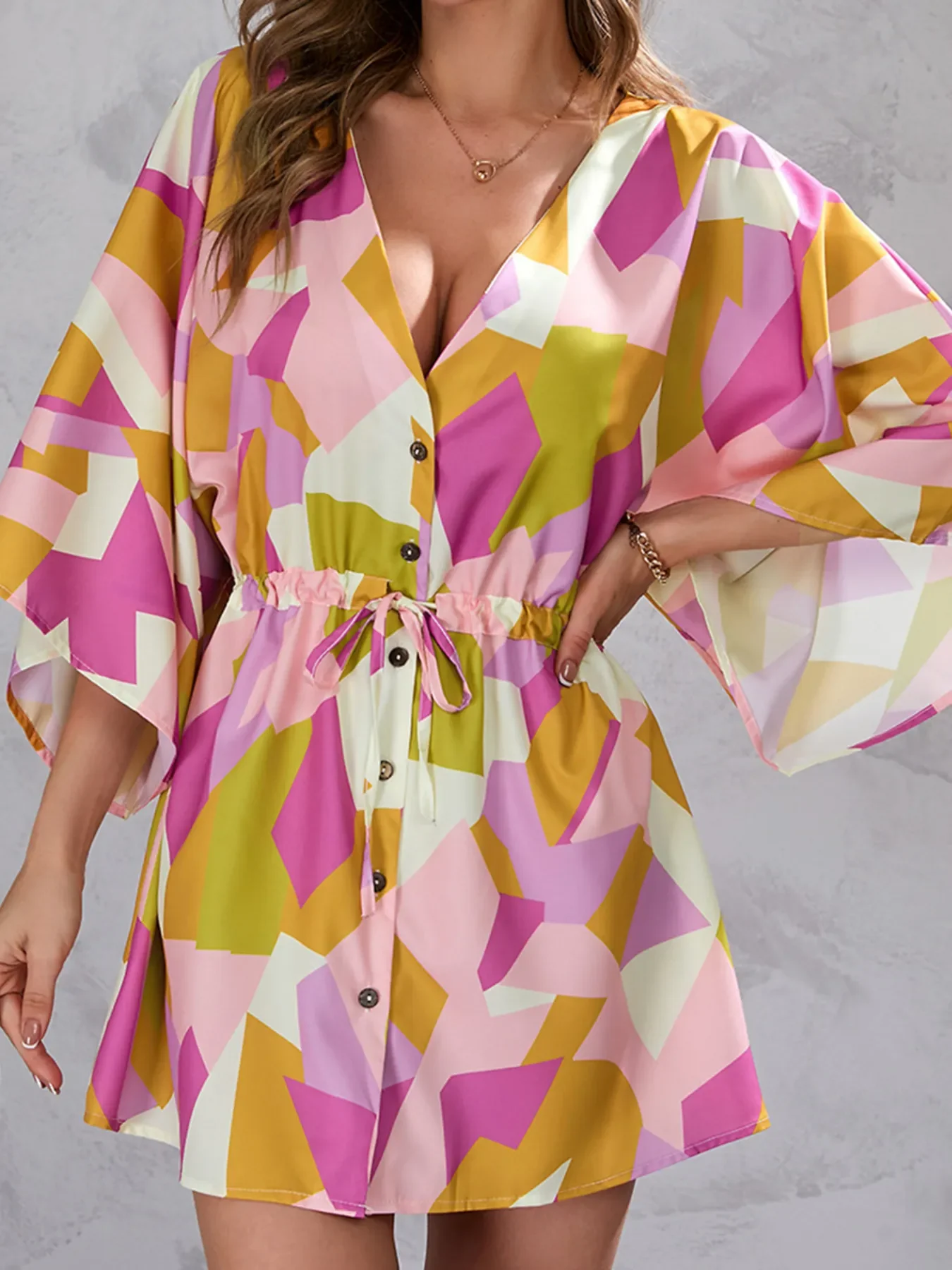 Color Block Drawstring Waist Button Up Dress - Image 4