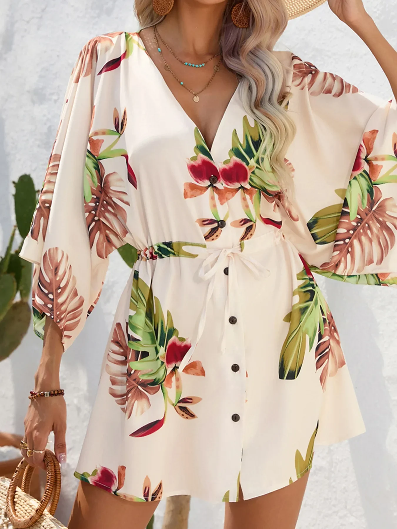 Color Block Drawstring Waist Button Up Dress - Image 9