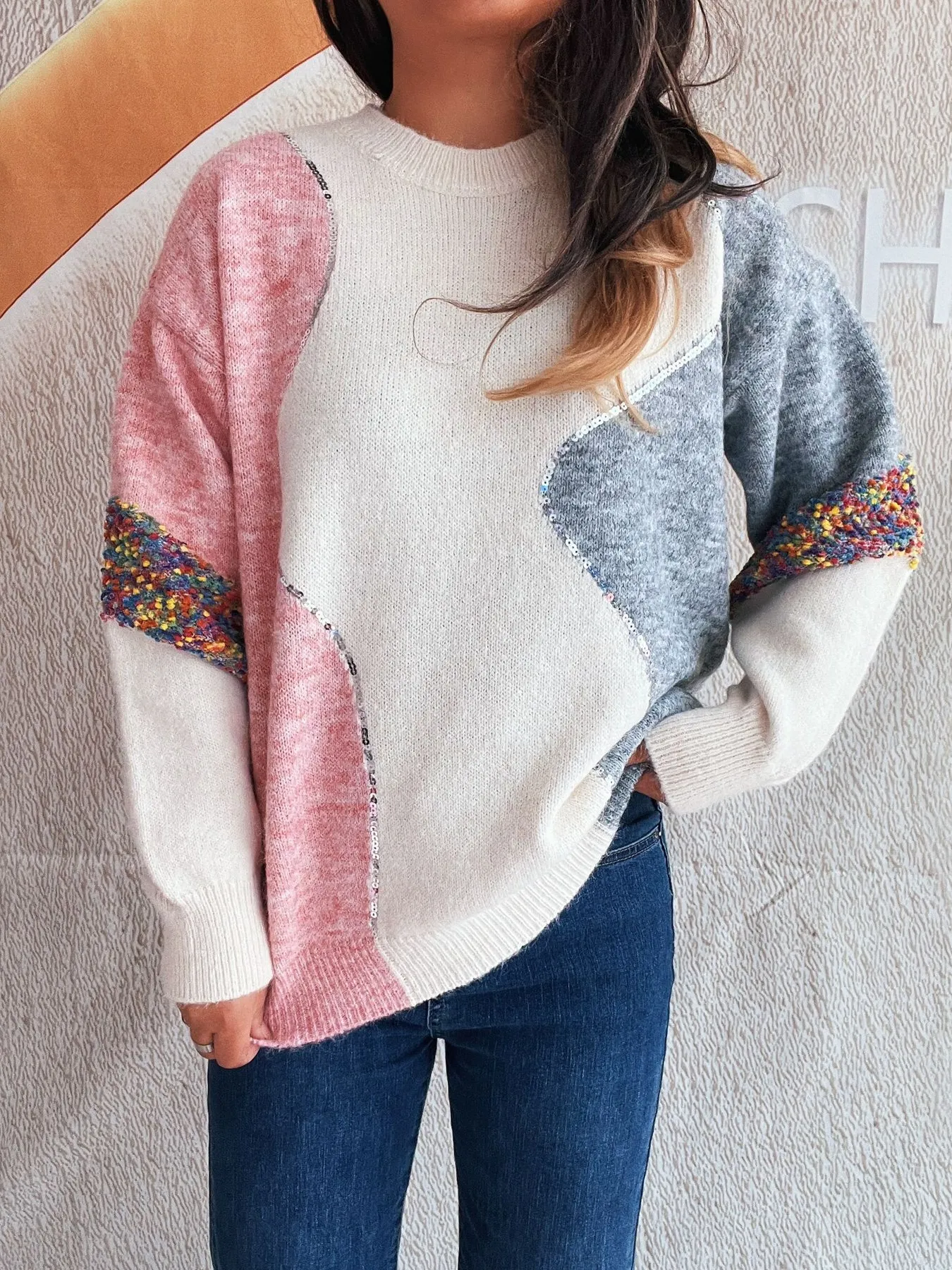 Color Block Dropped Shoulder Sweater - Image 3