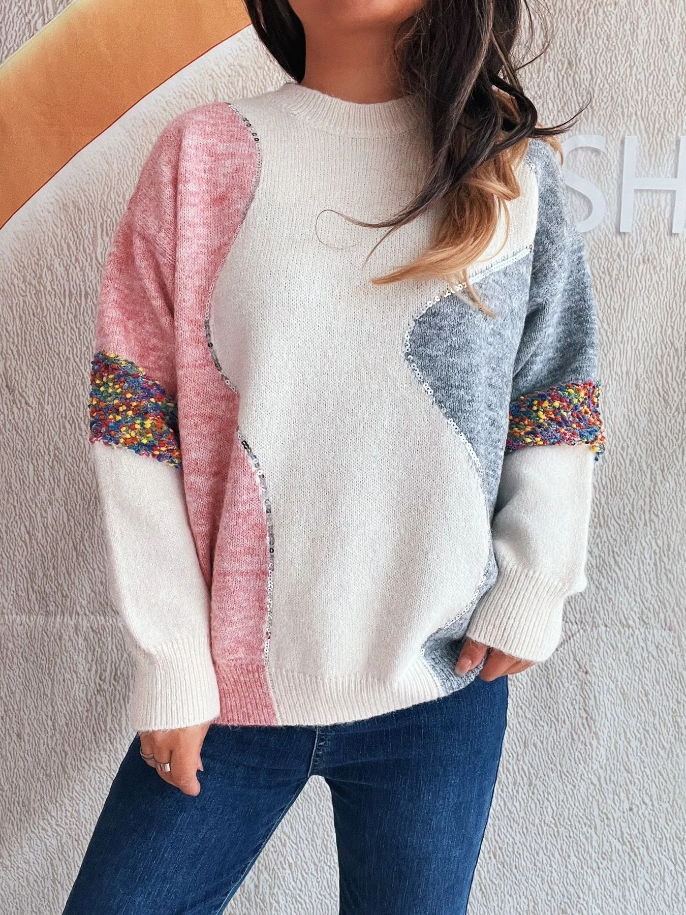 Color Block Dropped Shoulder Sweater - Image 4