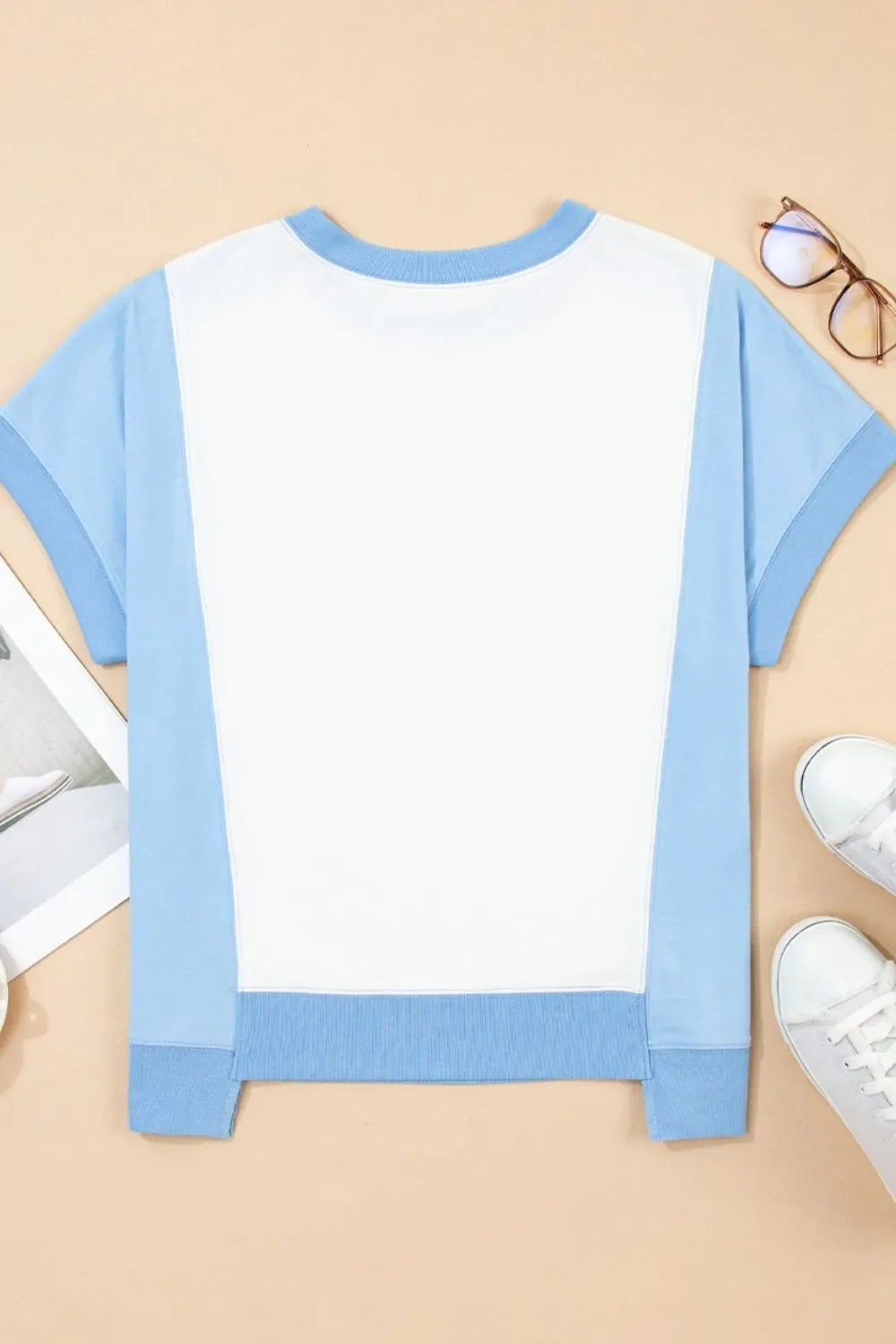 Color Block Exposed Seam Crew Neck T Shirt - Image 5