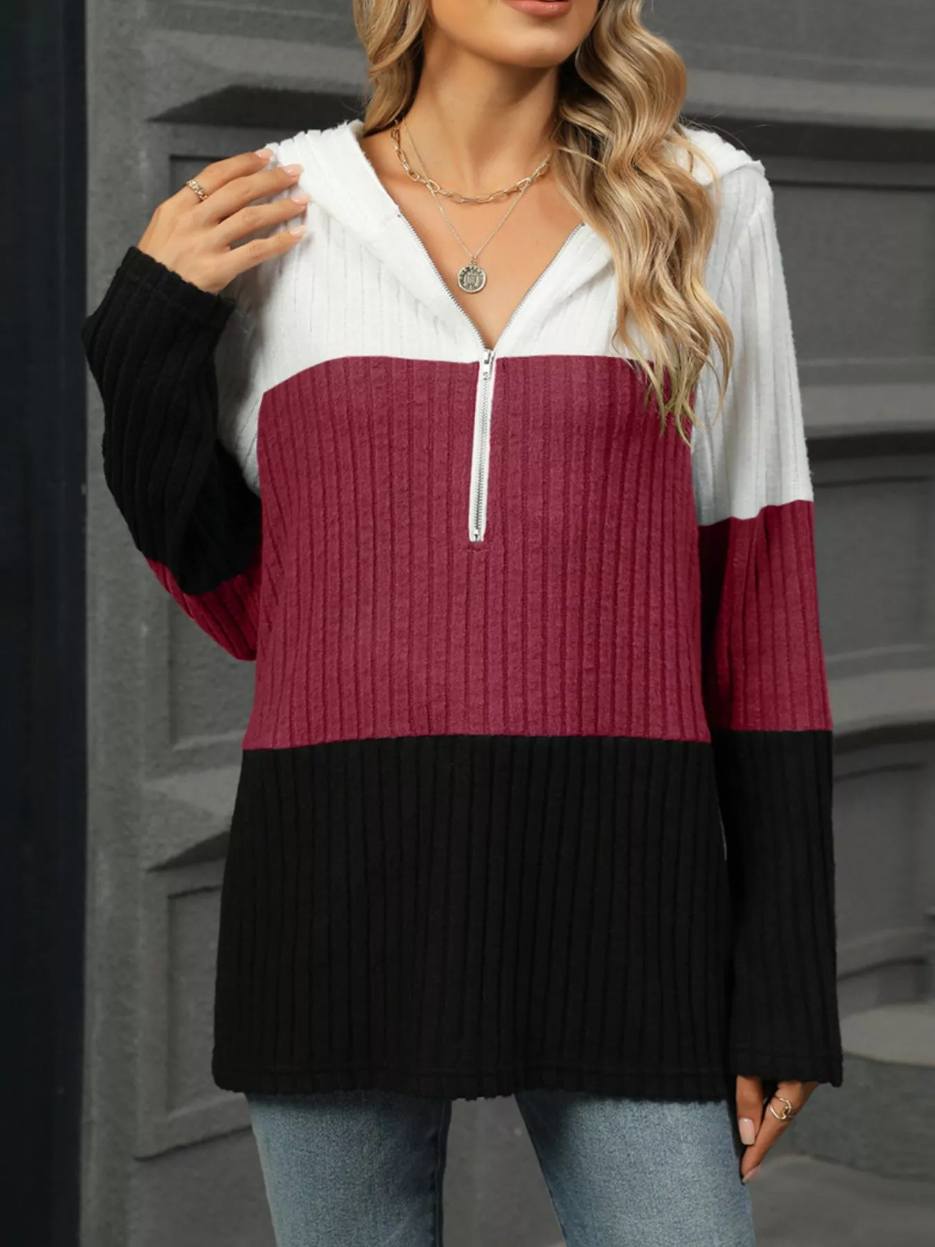 Color Block Half Zip Hooded Top - Image 6