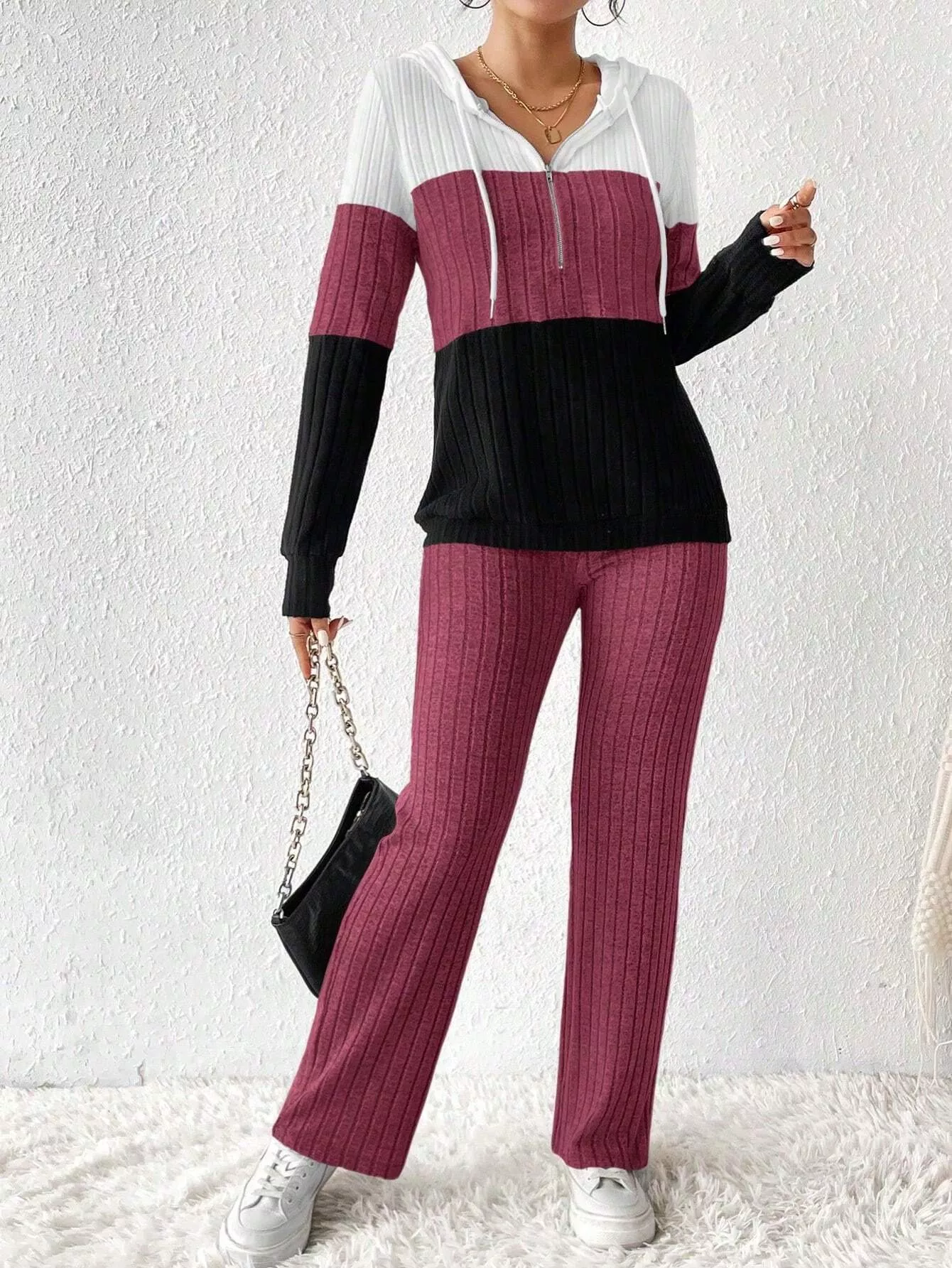 Color Block Half Zip Hooded Top and Pants Set - Image 5