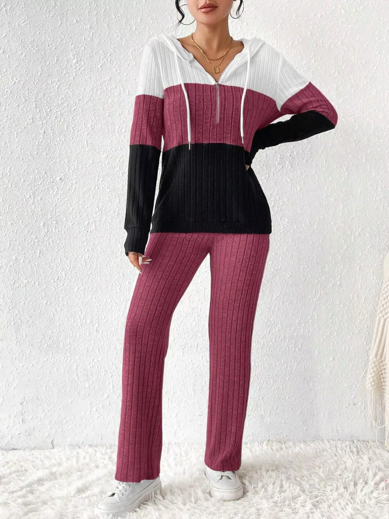 Color Block Half Zip Hooded Top and Pants Set - Image 15