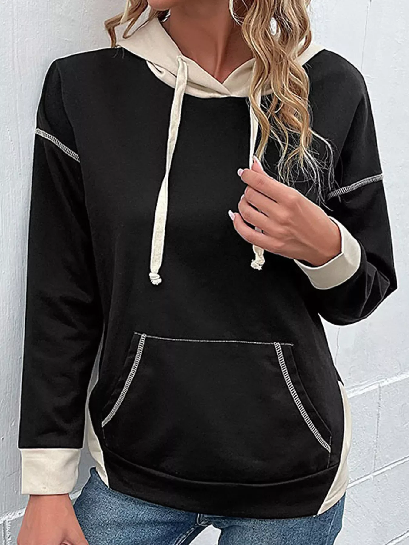 Color Block Hoodie with Drawstring and Kangaroo Pocket - Image 2