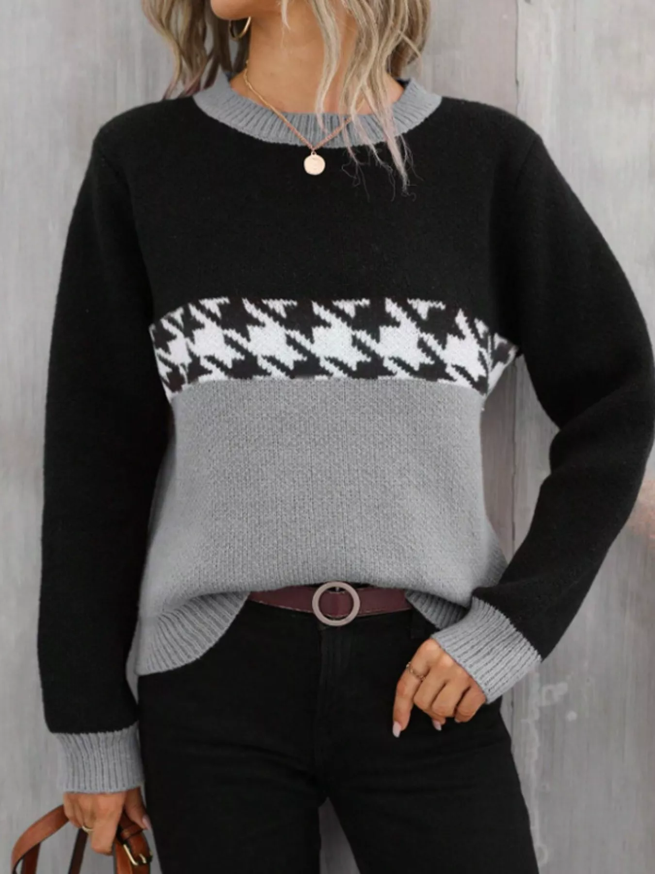 Color Block Houndstooth Sweater - Image 12