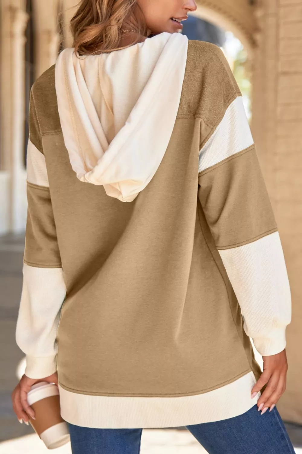 Color Block Knit Trim Drawstring Hoodie - Image 3