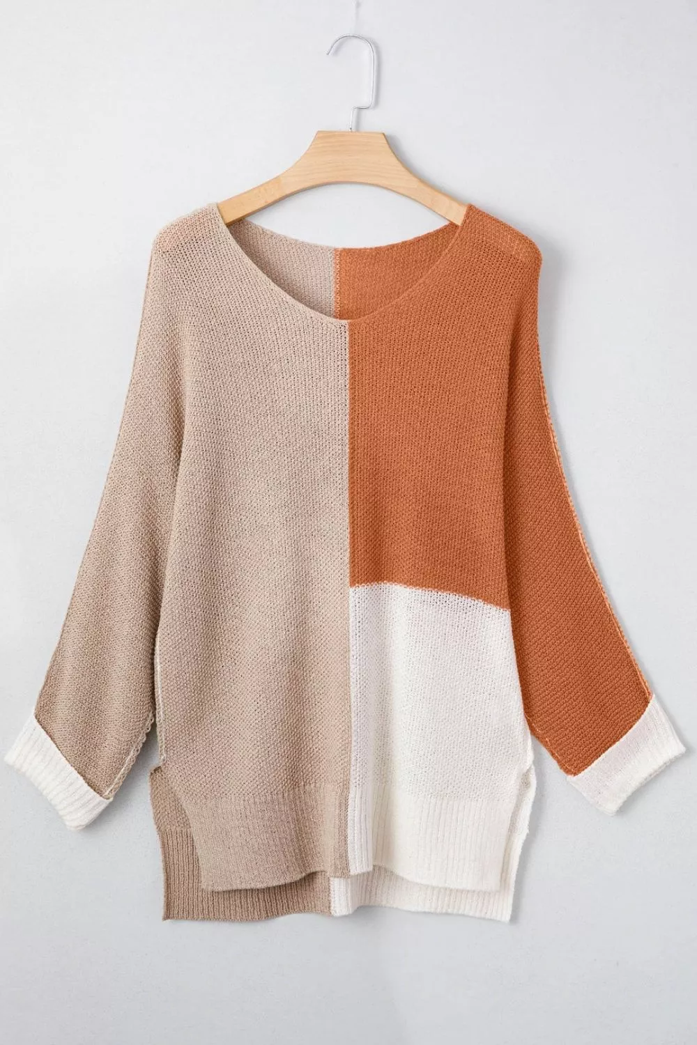 Color Block Knit V Neck Loose Sweater - Image 7