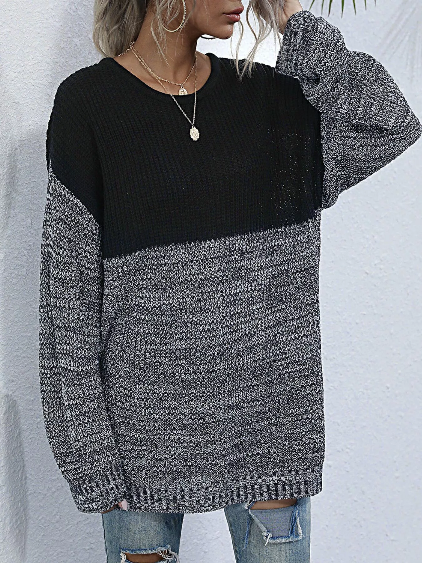 Color Block Long Sleeve Oversized Sweater - Image 3