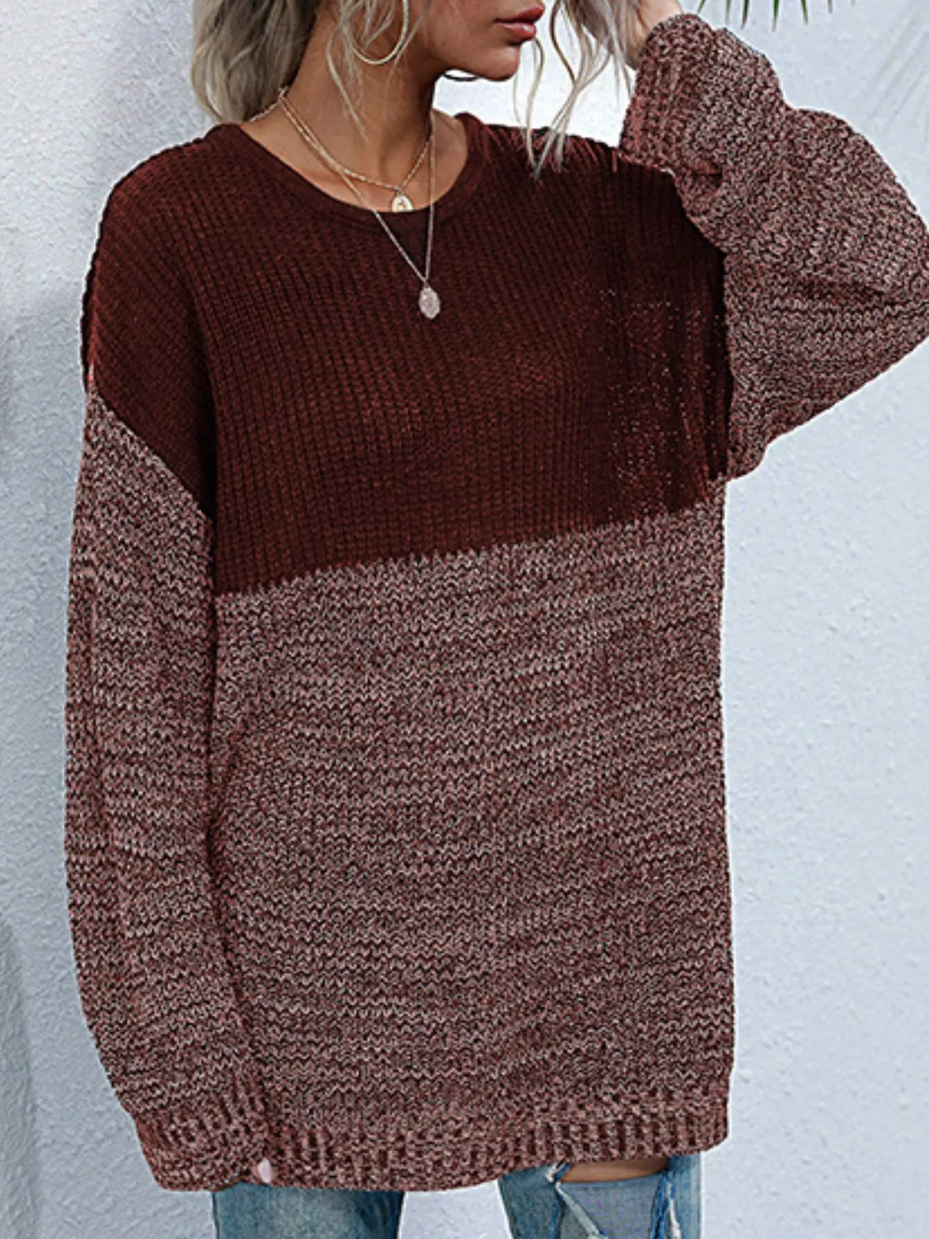 Color Block Long Sleeve Oversized Sweater - Image 7