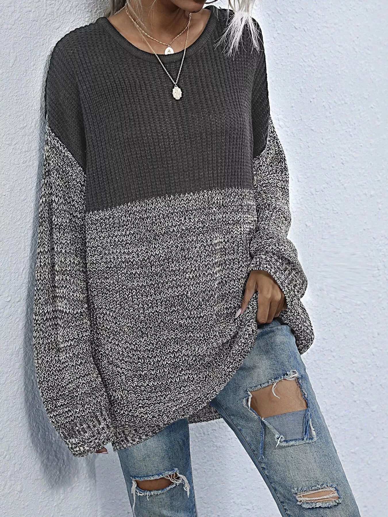 Color Block Long Sleeve Oversized Sweater - Image 9