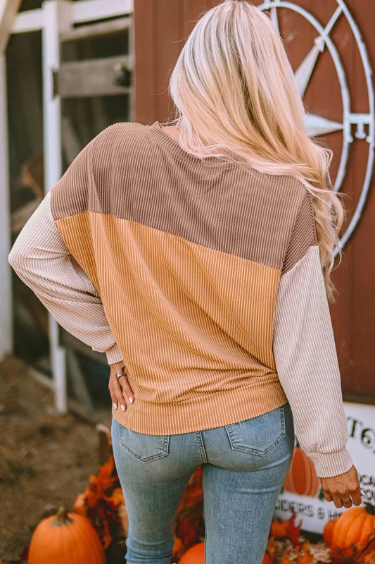 Color Block Long Sleeve Ribbed Loose Sweatshirts - Image 2