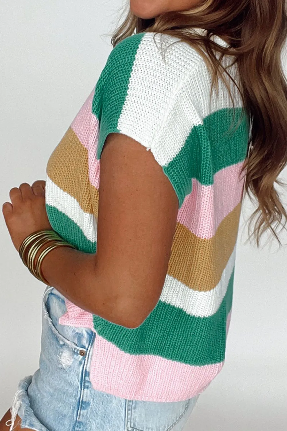 Color Block Notched Cap Sleeve Knit Top - Image 3