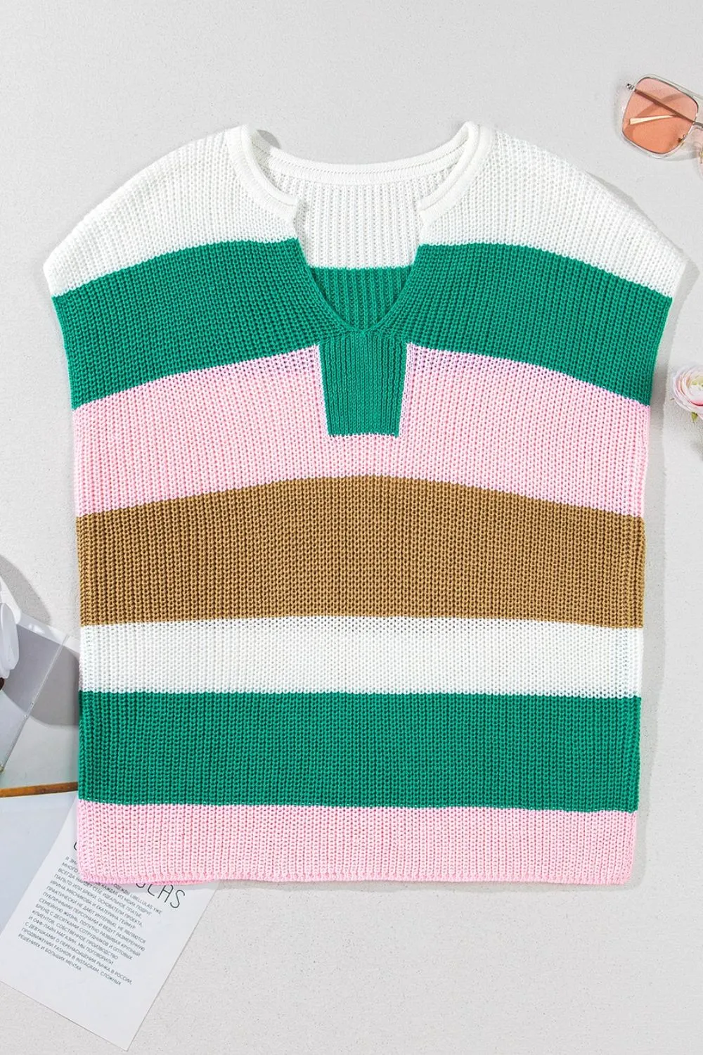 Color Block Notched Cap Sleeve Knit Top - Image 4