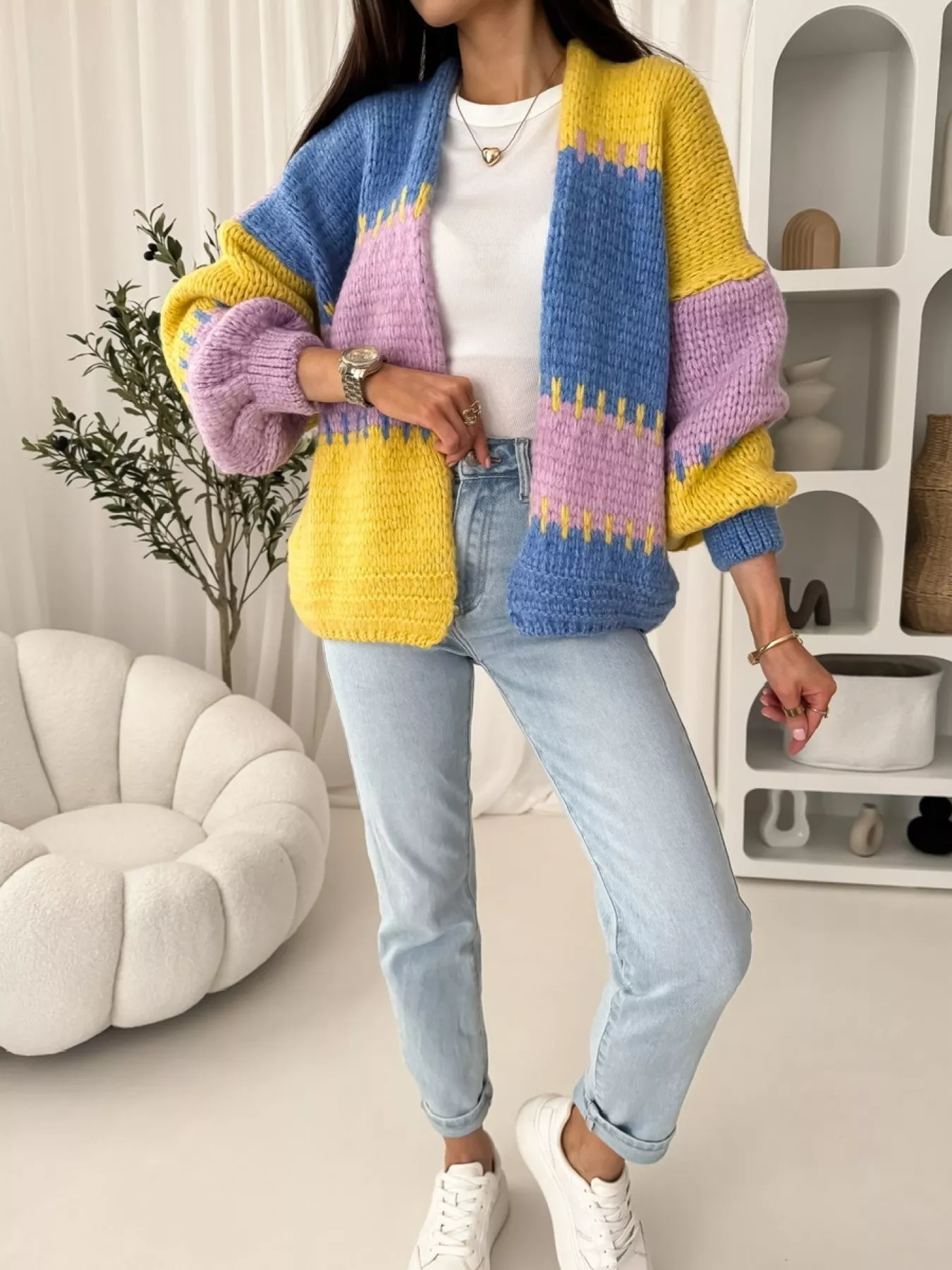 Color Block Open Front Cardigan - Image 7