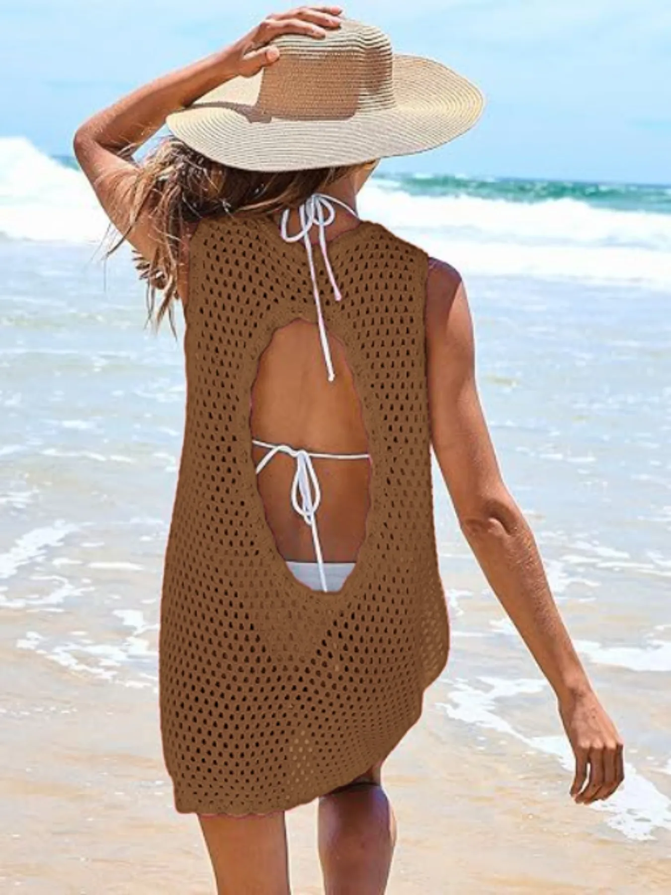 Color Block Openwork Sleeveless Cutout Back Cover-Up - Image 29