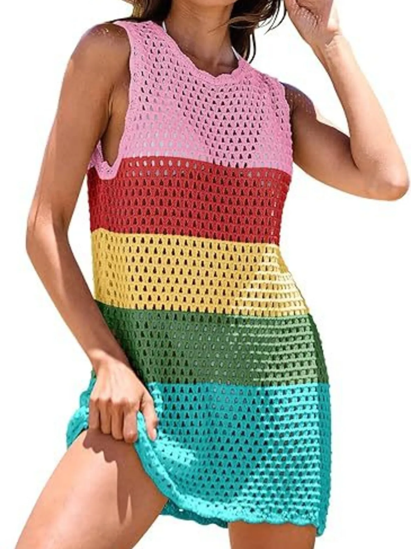 Color Block Openwork Sleeveless Cutout Back Cover-Up - Image 3