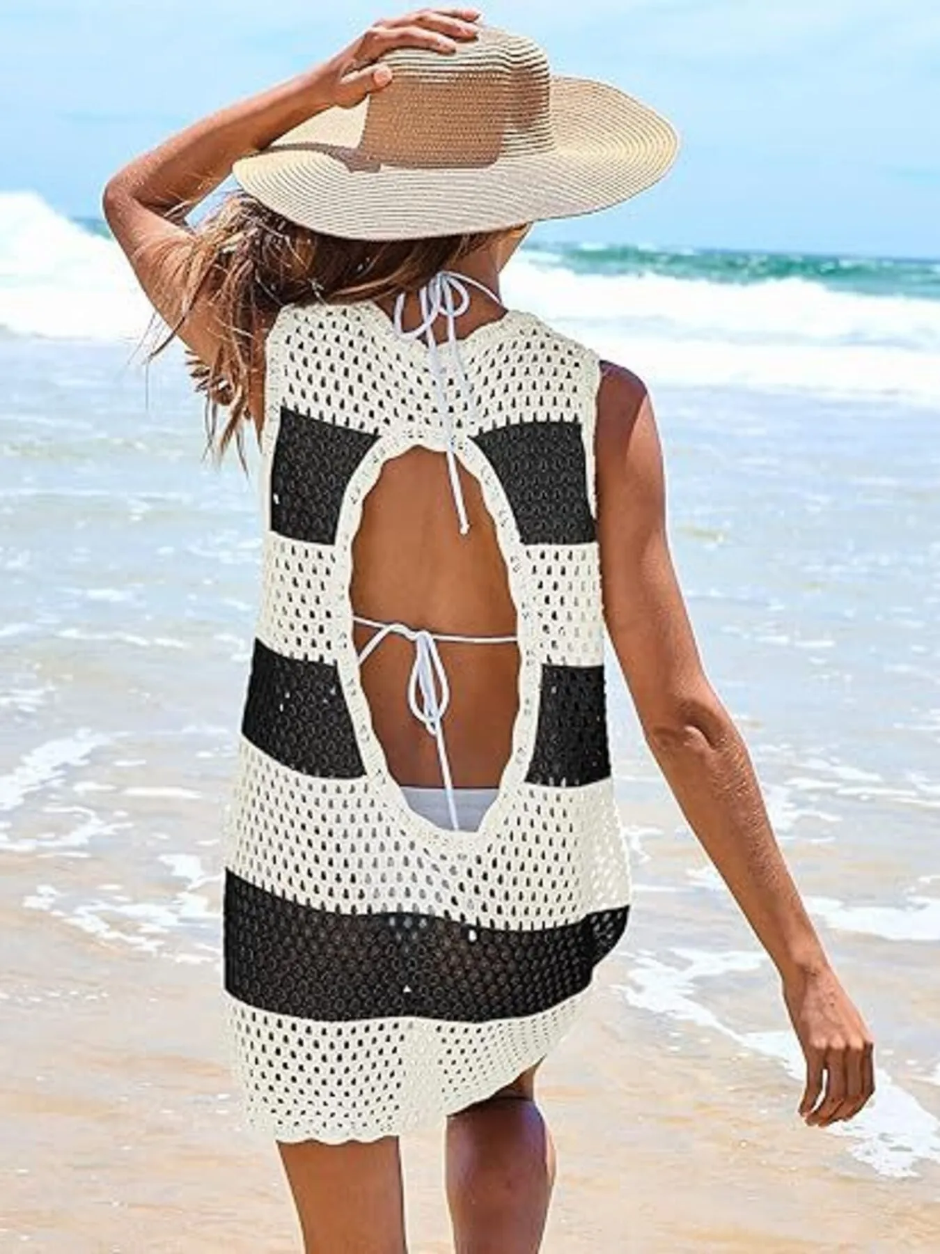 Color Block Openwork Sleeveless Cutout Back Cover-Up - Image 4