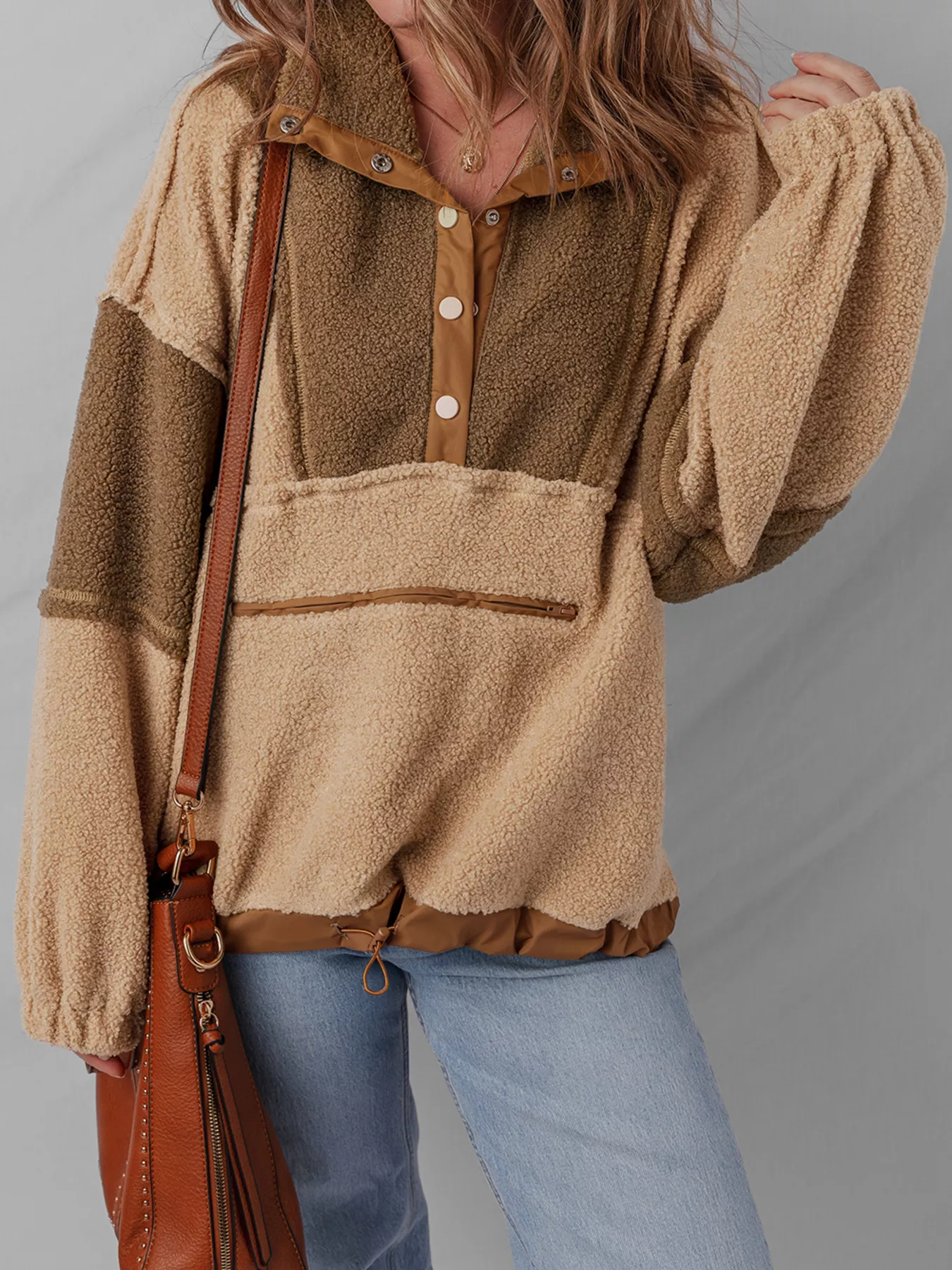 Color Block Patchwork Half Button Sherpa Sweatshirt - Image 6
