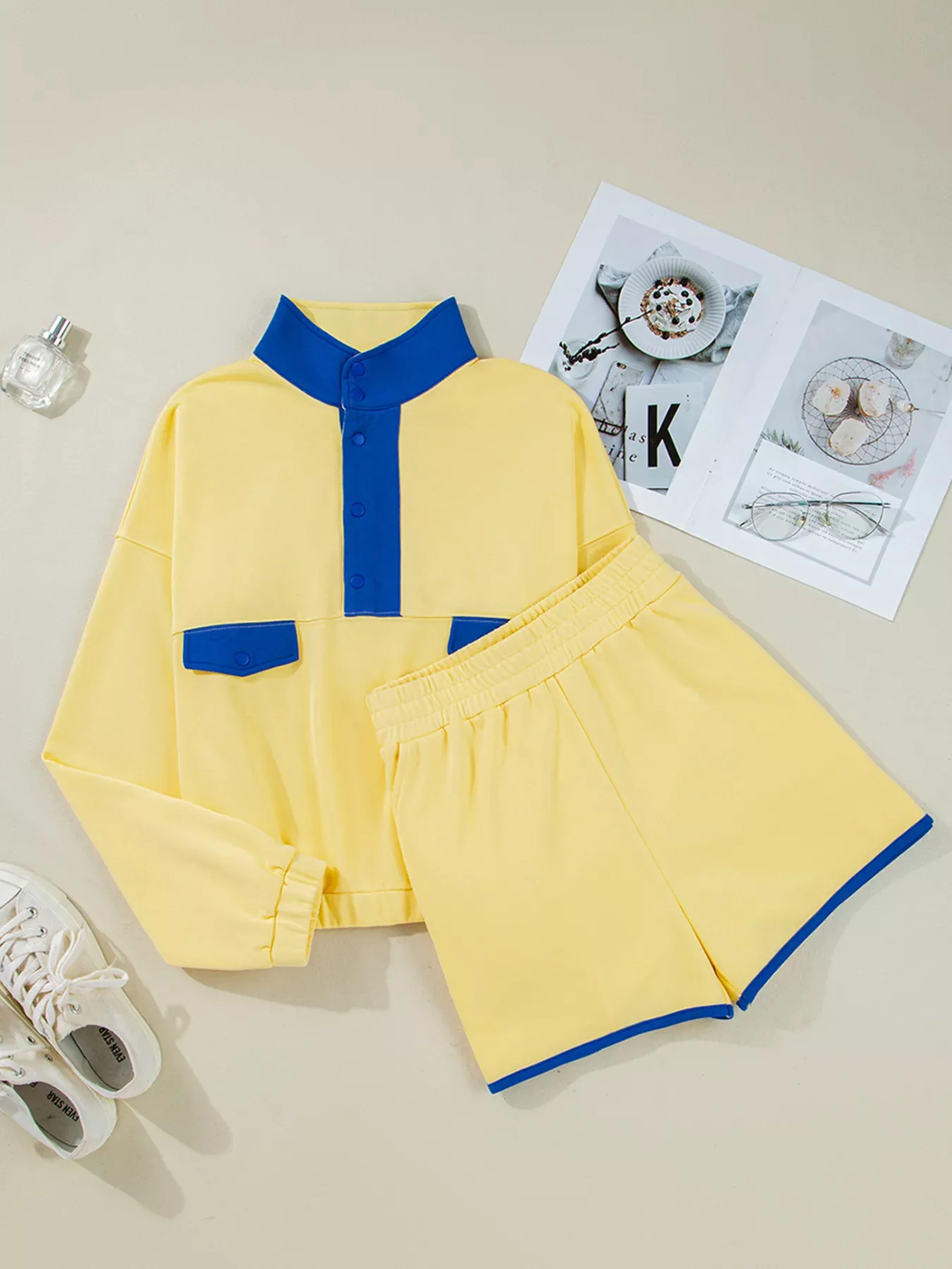 Color Block Patchwork Half Button Top and Shorts 2pcs Set - Image 2