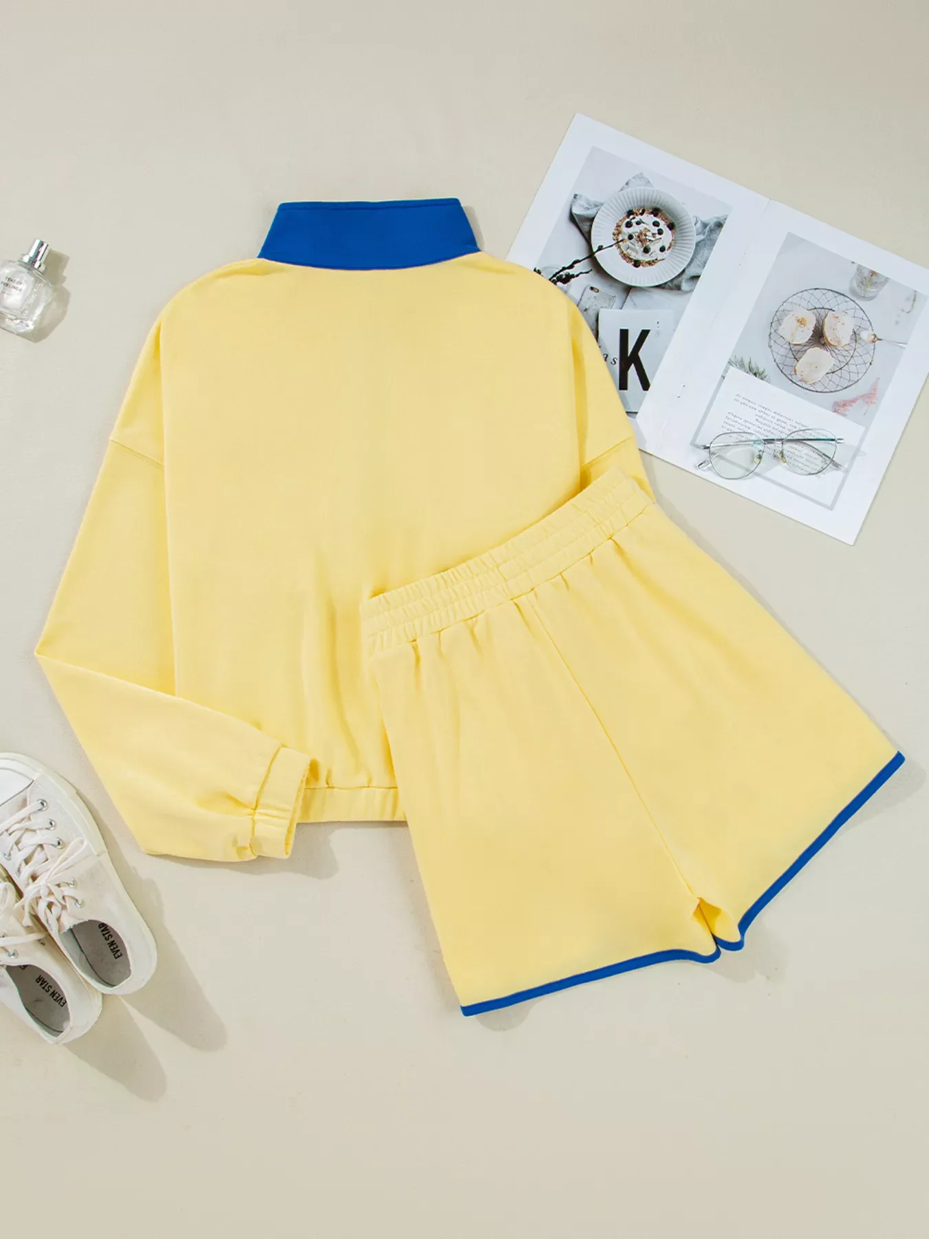 Color Block Patchwork Half Button Top and Shorts 2pcs Set - Image 3