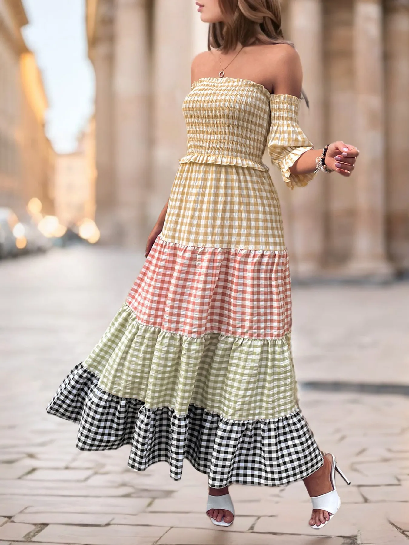 Color Block Plaid Off-Shoulder Maxi Dress - Image 4