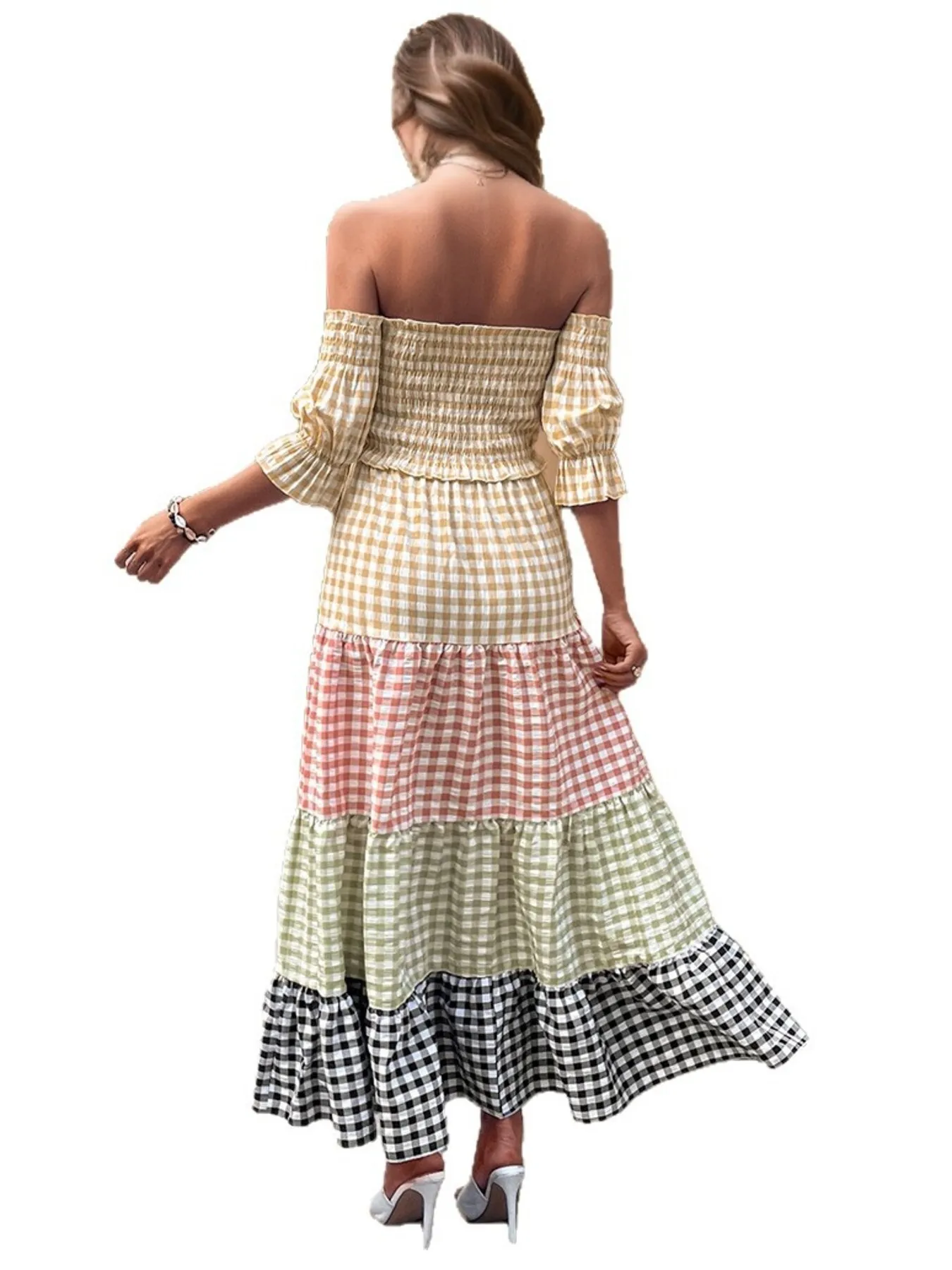 Color Block Plaid Off-Shoulder Maxi Dress - Image 5