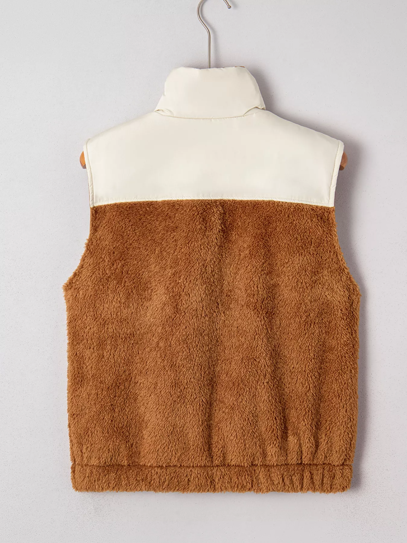Color Block Plush Patchwork Zipper Stand Neck Vest Coat - Image 3