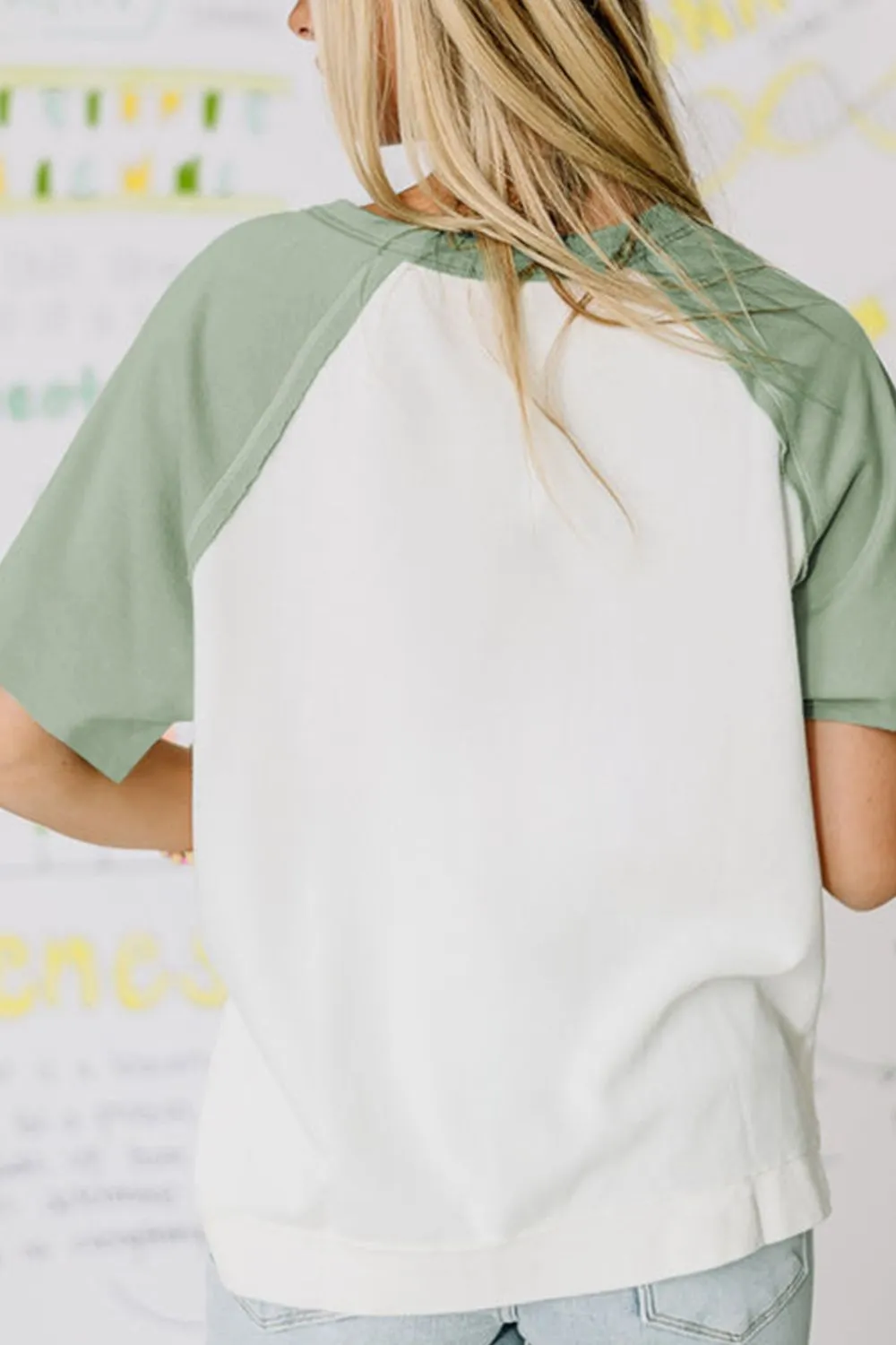 Color Block Raglan Short Sleeve Half Buttons High Low T Shirt - Image 3