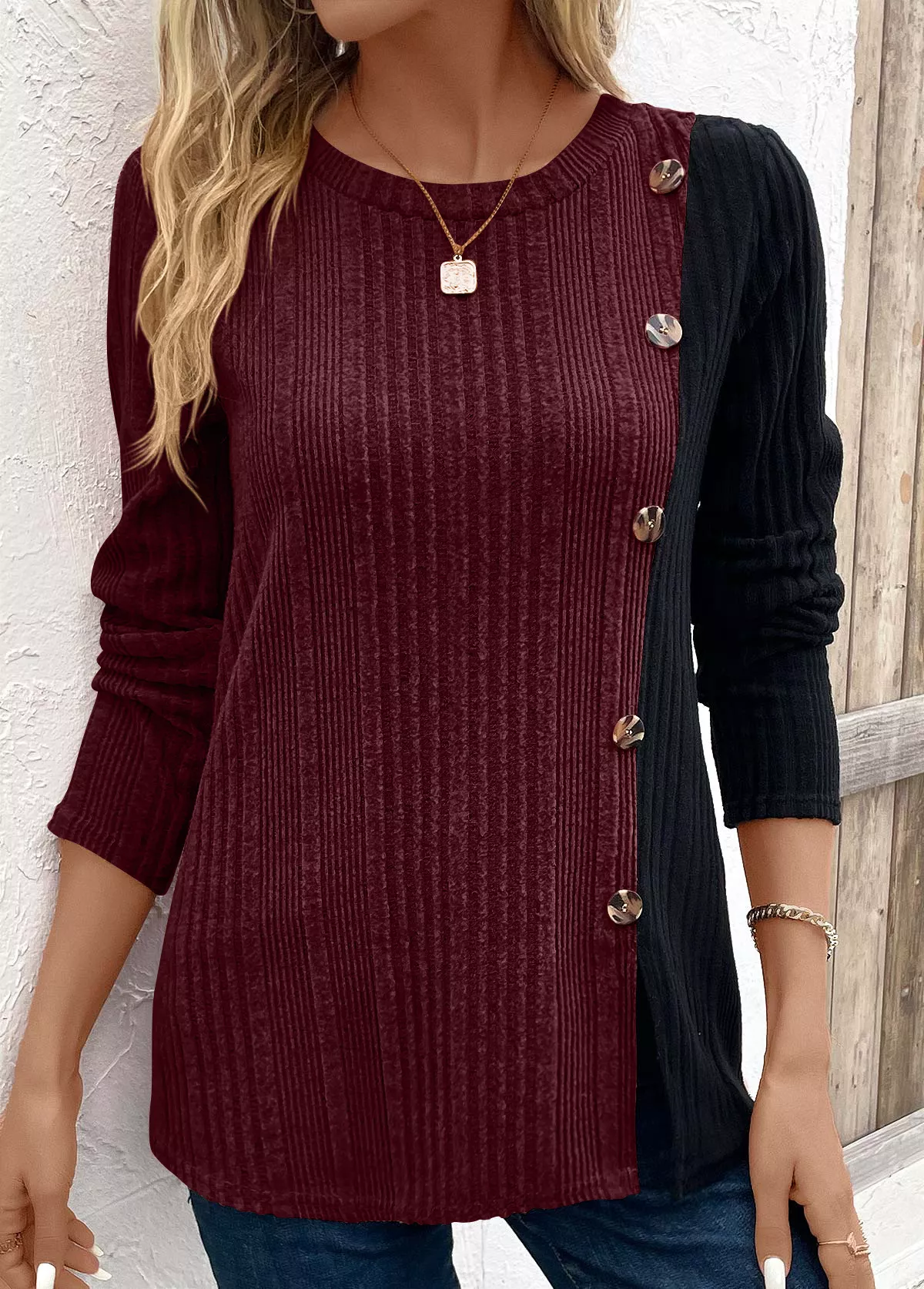Color Block Ribbed Knit T-Shirt - Image 9
