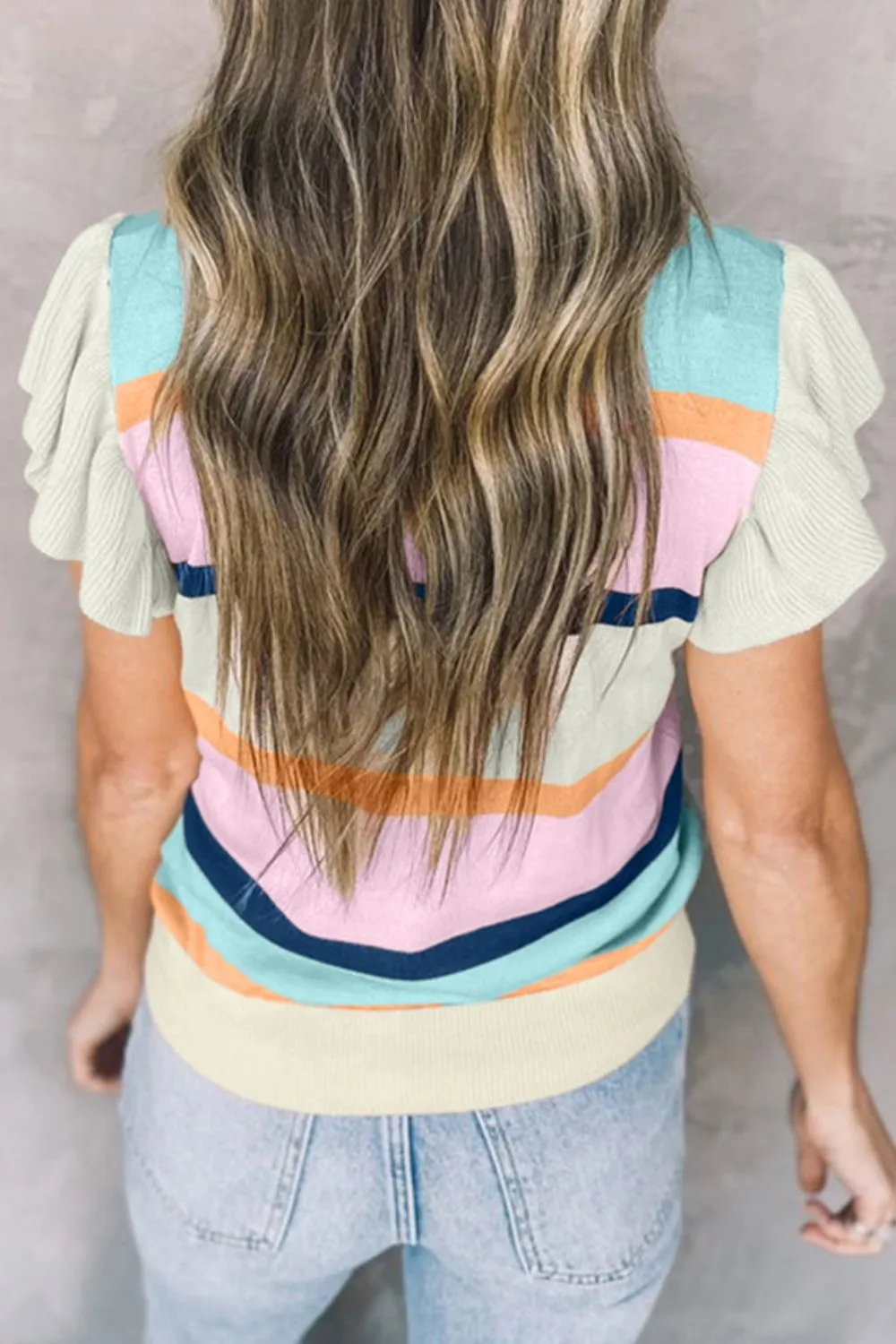 Color Block Round Neck Cap Sleeve Knit Top - Image 2