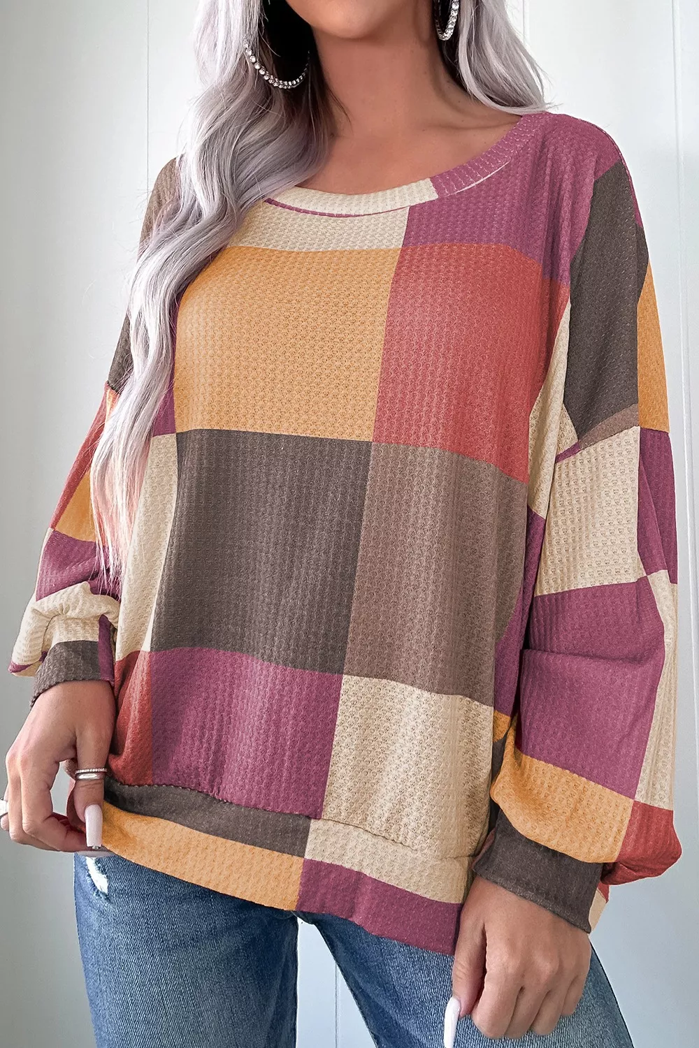 Color Block Round Neck Long Sleeve Top - Image 2