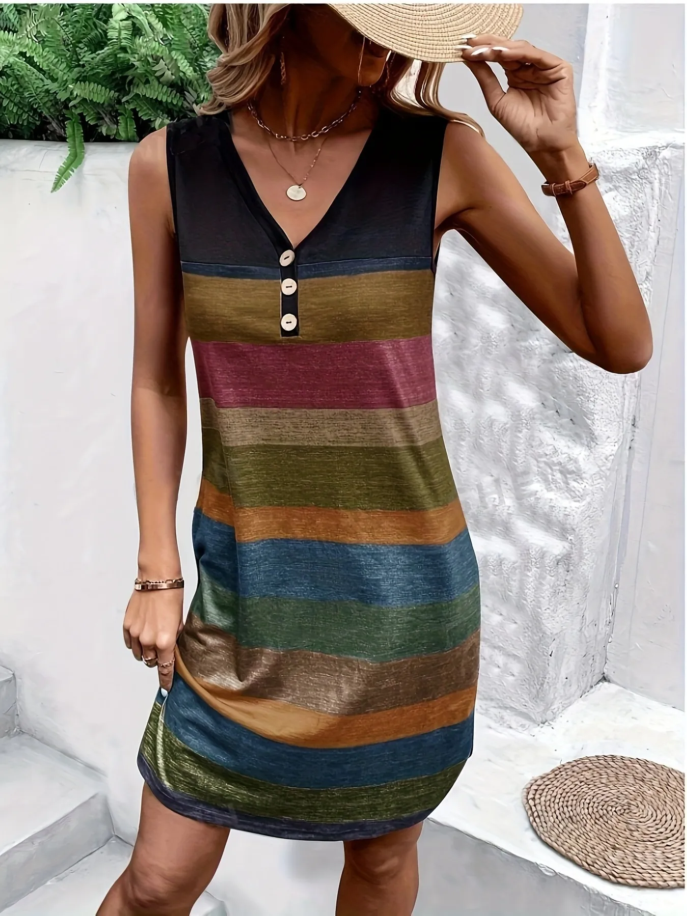Color Block Sleeveless V-Neck Tank Dress - Image 3