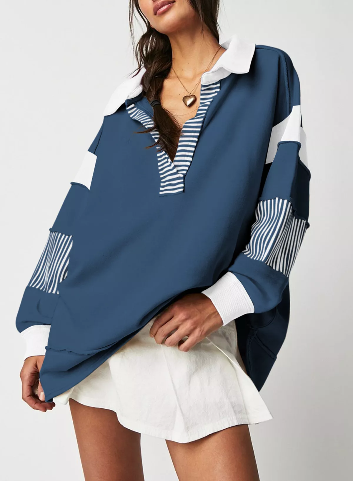 Color Block Striped Johnny Collar Sweatshirt - Image 15