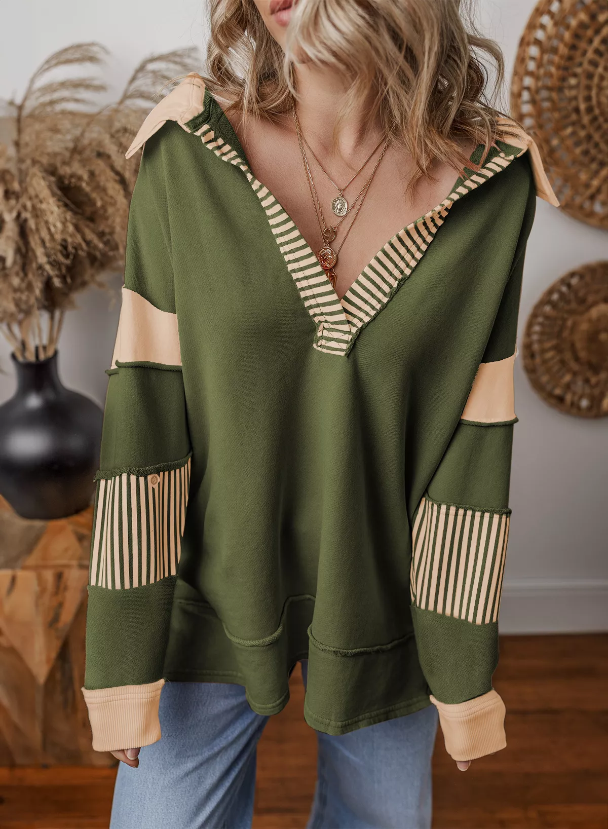 Color Block Striped Johnny Collar Sweatshirt - Image 30