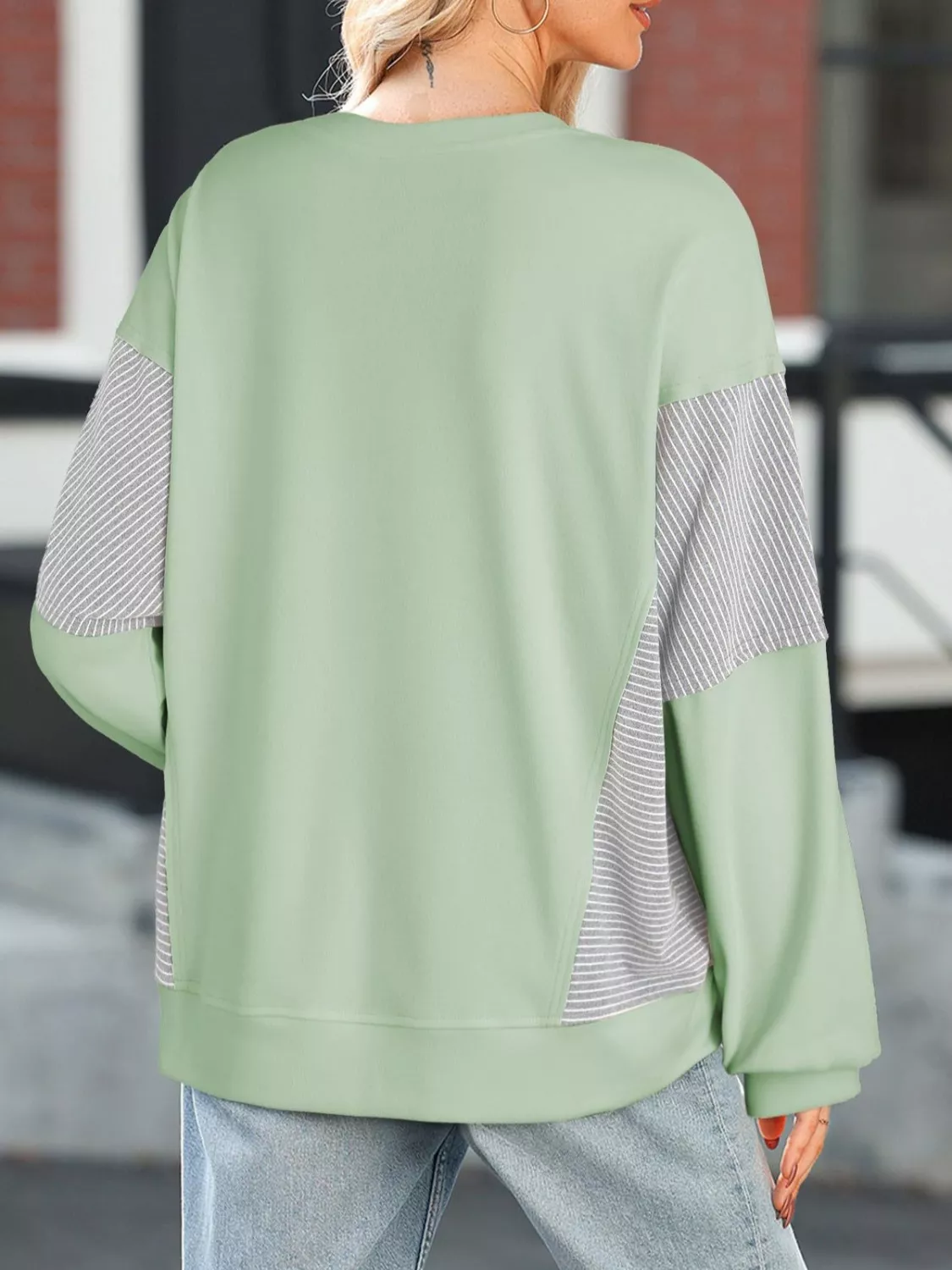 Color Block Striped Sleeve Casual Sweatshirt - Image 21