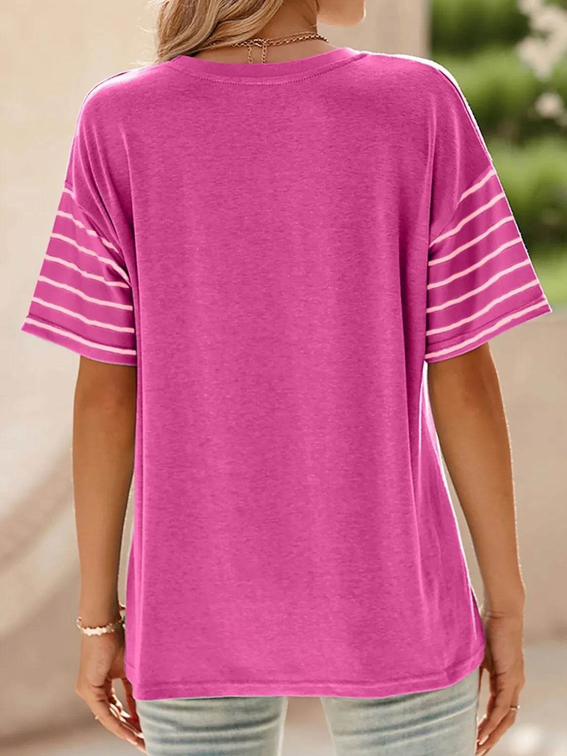 Color Block Striped Sleeve Casual T-Shirt - Image 15