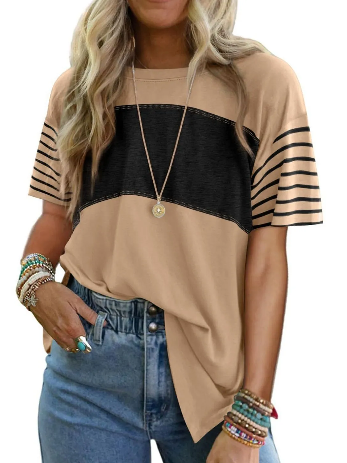 Color Block Striped Sleeve Casual T-Shirt - Image 19