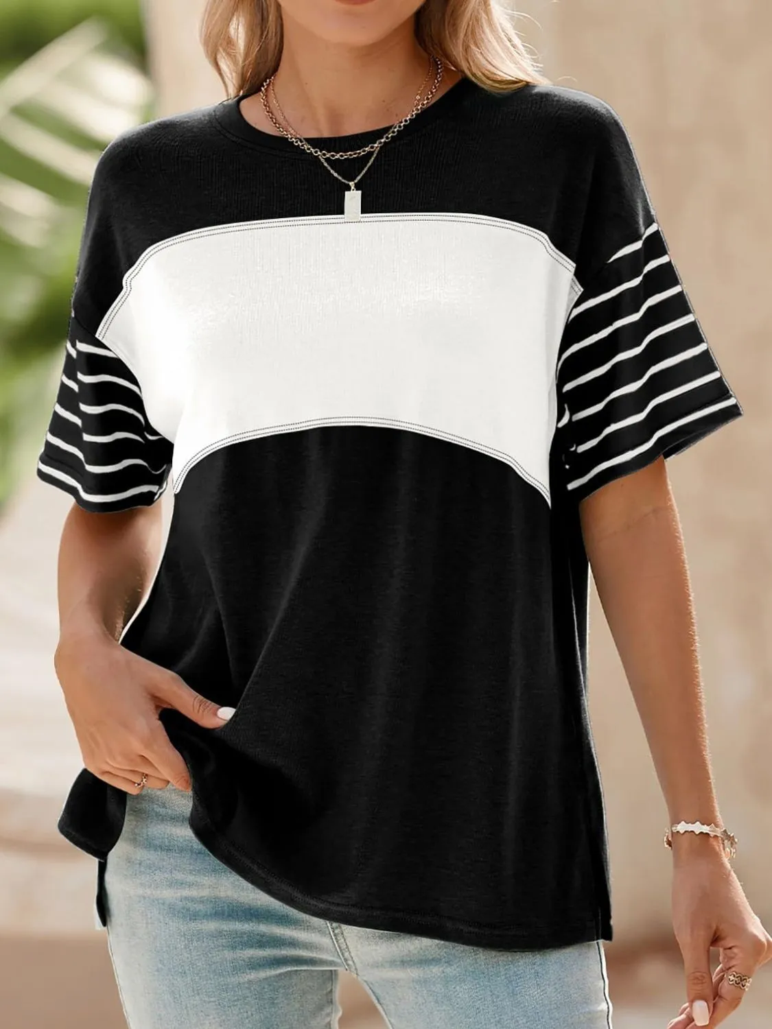 Color Block Striped Sleeve Casual T-Shirt - Image 22