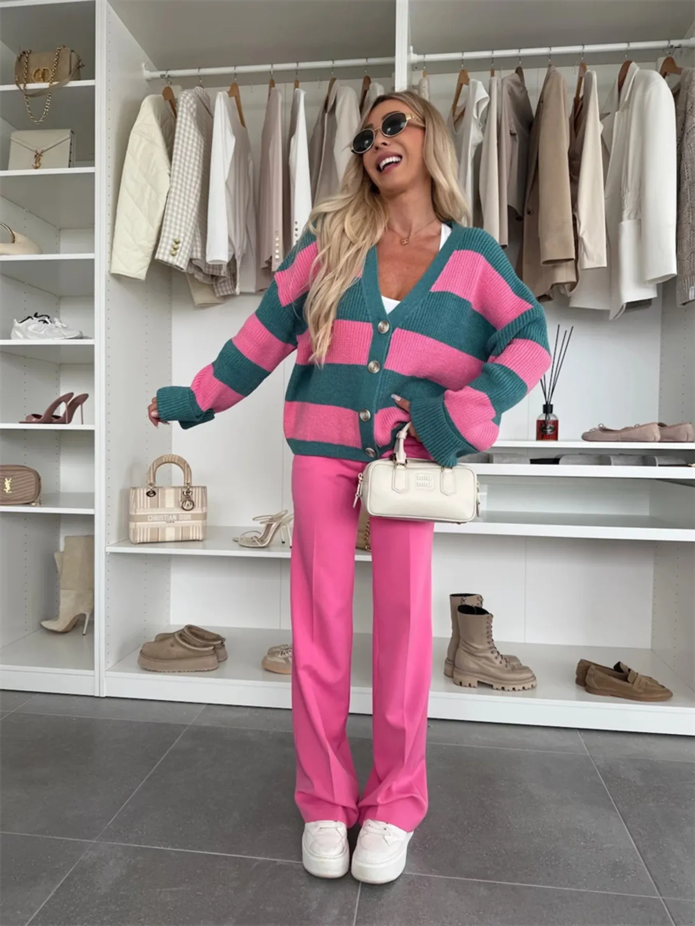 Color Block Striped V-Neck Button Front Cardigan - Image 5